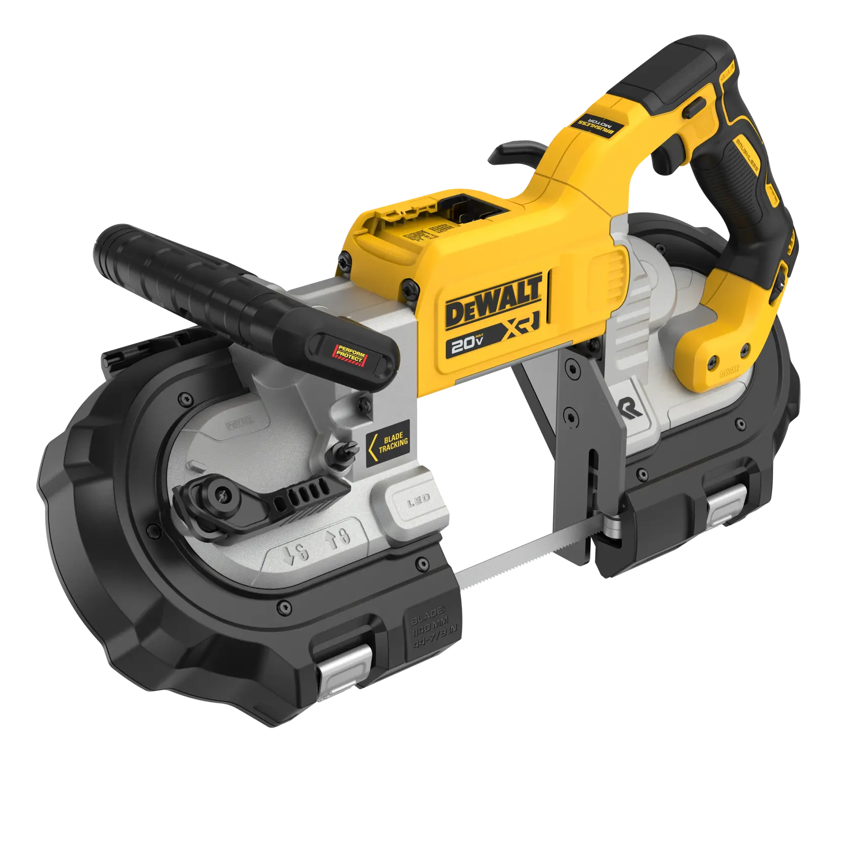 A yellow and black DEWALT 20V cordless band saw with ergonomic handles and metal cutting blade, shown from an angled perspective.