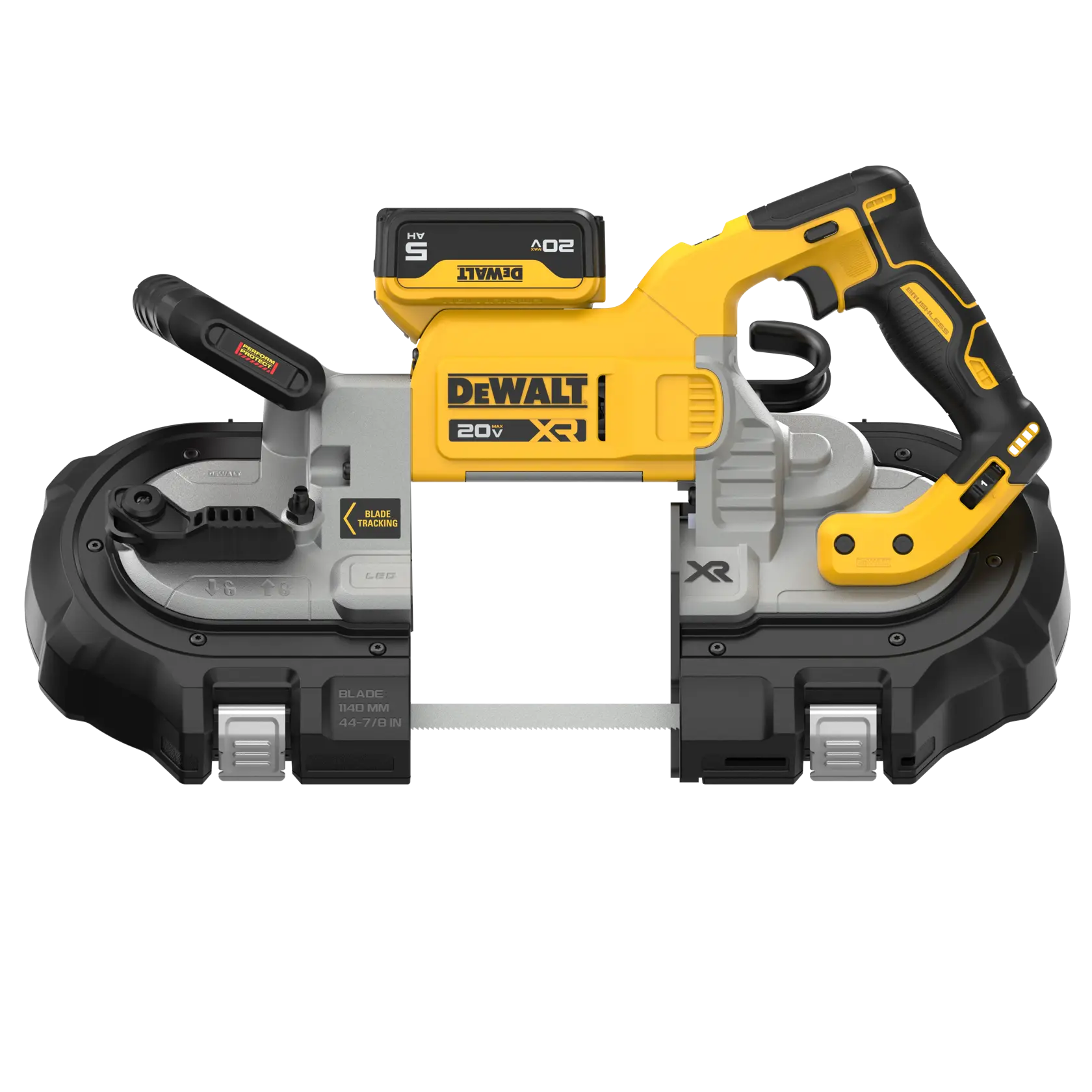 A DEWALT 20V XR cordless portable band saw with a yellow and black design, featuring an ergonomic handle, blade guard, and visible battery pack.