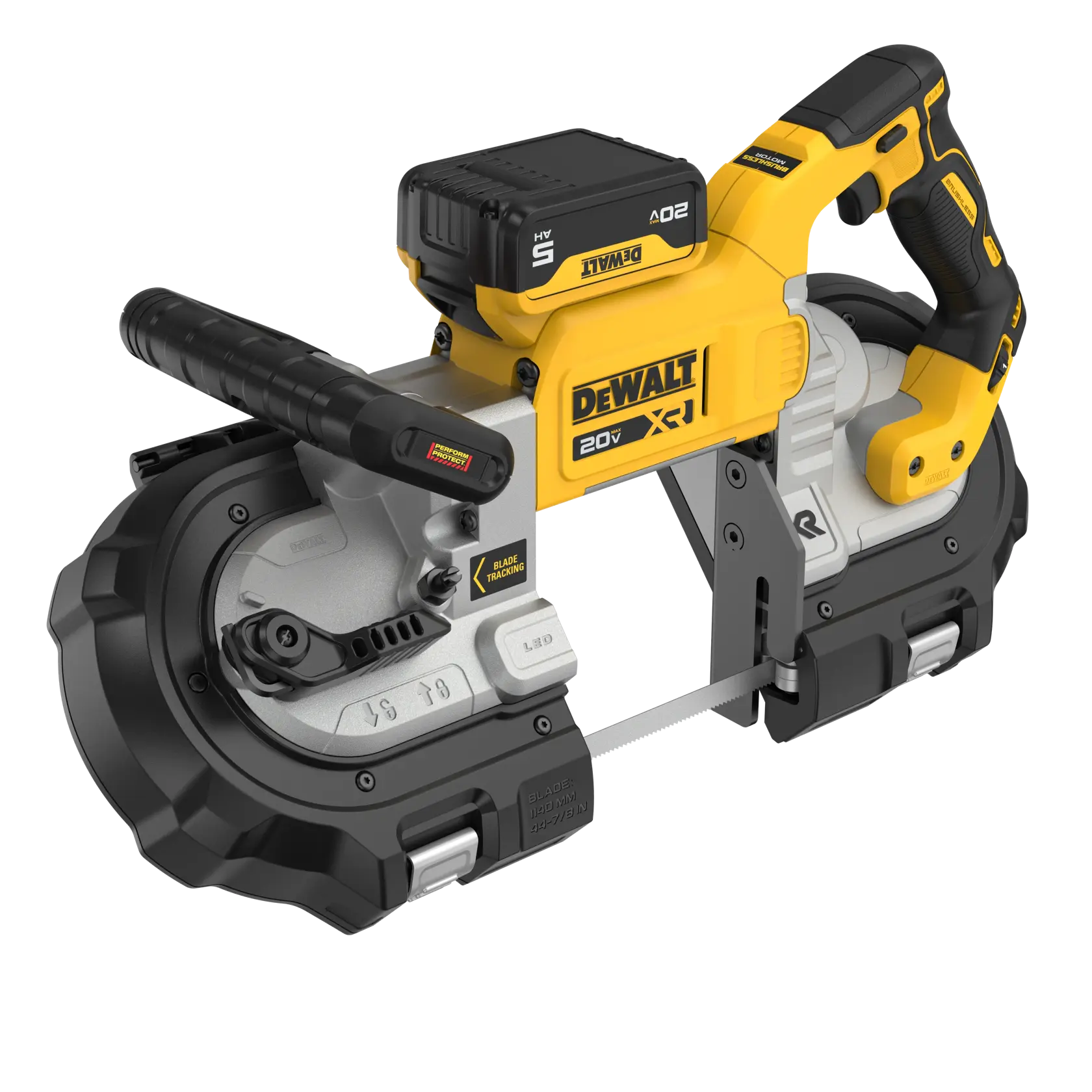 A DEWALT 20V cordless band saw with a black and yellow design, featuring an ergonomic handle, battery pack mounted on top, and visible blade and controls.