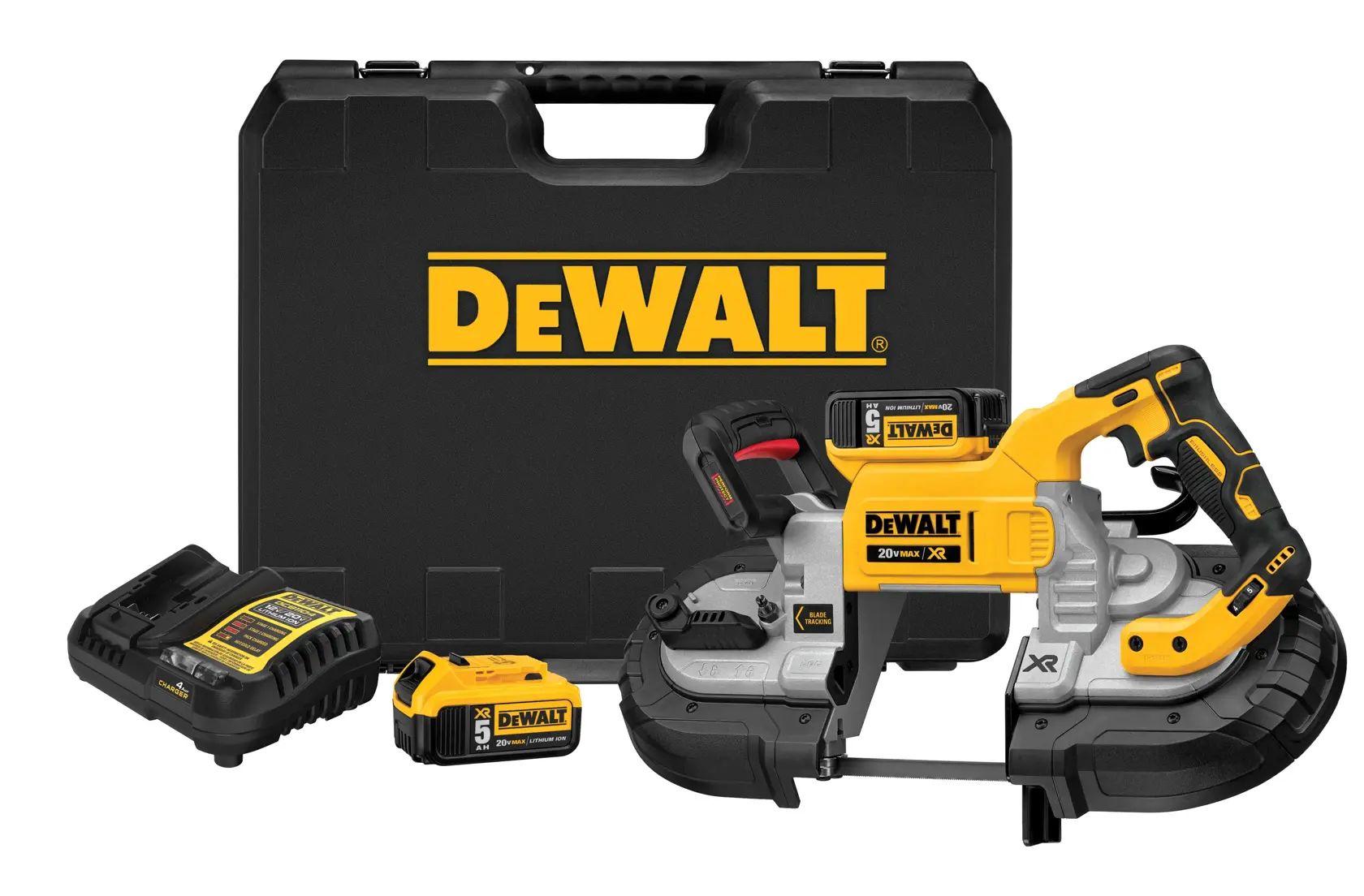 A DEWALT cordless band saw kit including a yellow and black band saw, a battery charger, two rechargeable batteries, and a black carrying case with the DEWALT logo.