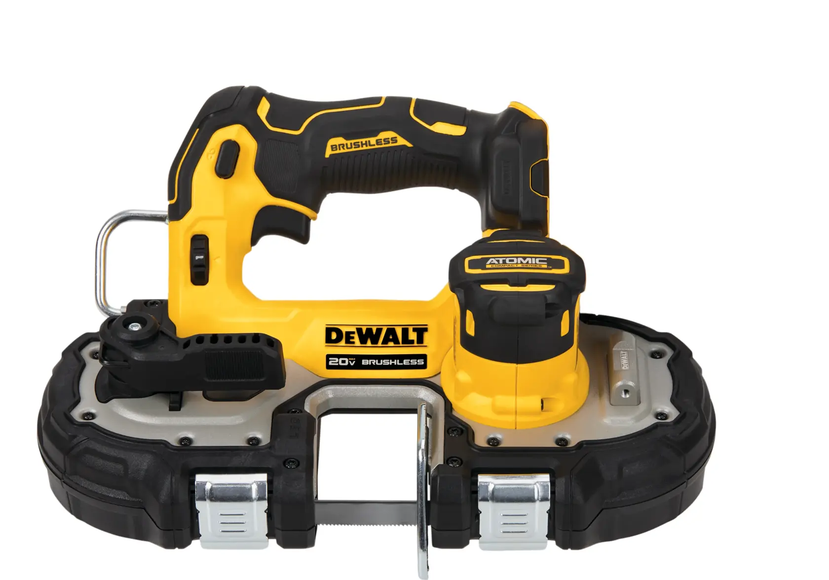 DEWALT 20V brushless cordless band saw in yellow and black, model DCS377B, shown on a white background.