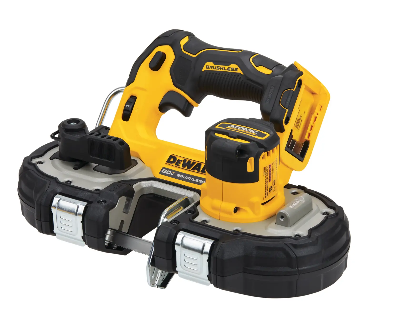 A DEWALT cordless 20V brushless compact band saw with a yellow and black design, featuring a handle, blade guard, and battery compartment.