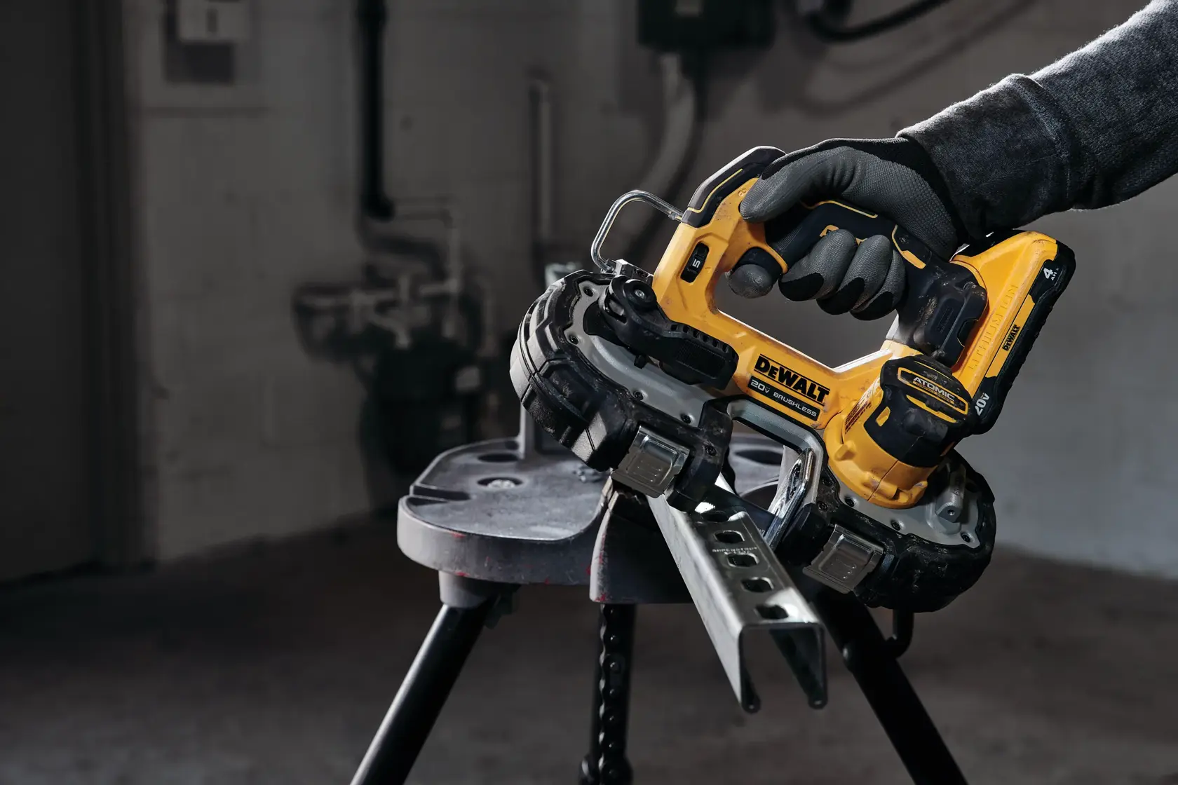 Close-up of a DEWALT 20V brushless power tool with a bright LED light illuminating the work area, shown on a textured surface. The image also includes the words 'BRIGHT LED' in bold yellow text.