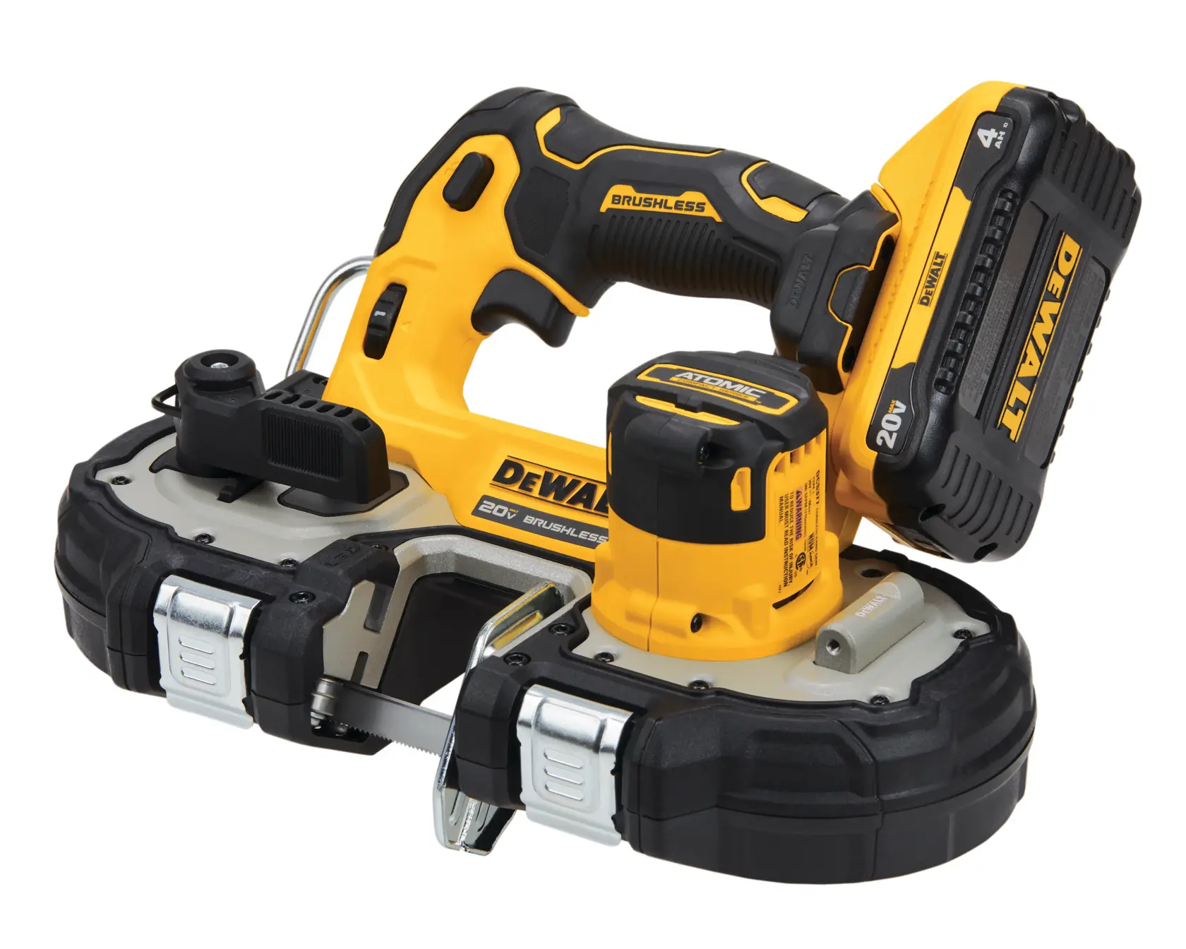 A DEWALT 20V cordless brushless band saw with a yellow and black design, featuring a handle, battery pack, and exposed blade section.