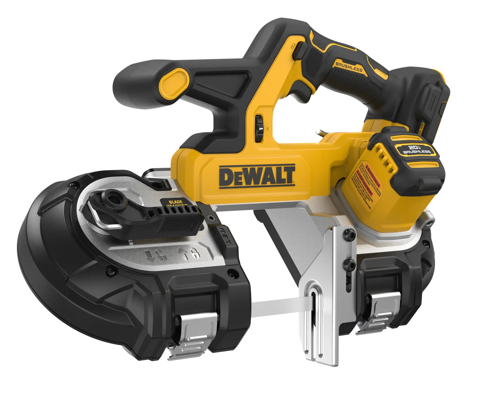A DEWALT-branded cordless portable band saw with a yellow and black design, featuring an ergonomic handle, metal components, and a battery pack attached at the back.
