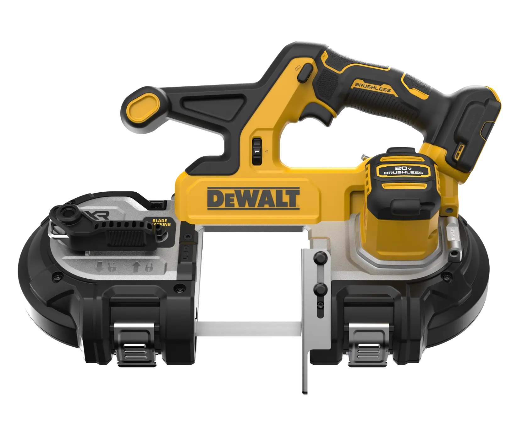 A DEWALT 20V cordless brushless band saw with a yellow and black handle, battery compartment, and exposed blade area, shown on a white background.