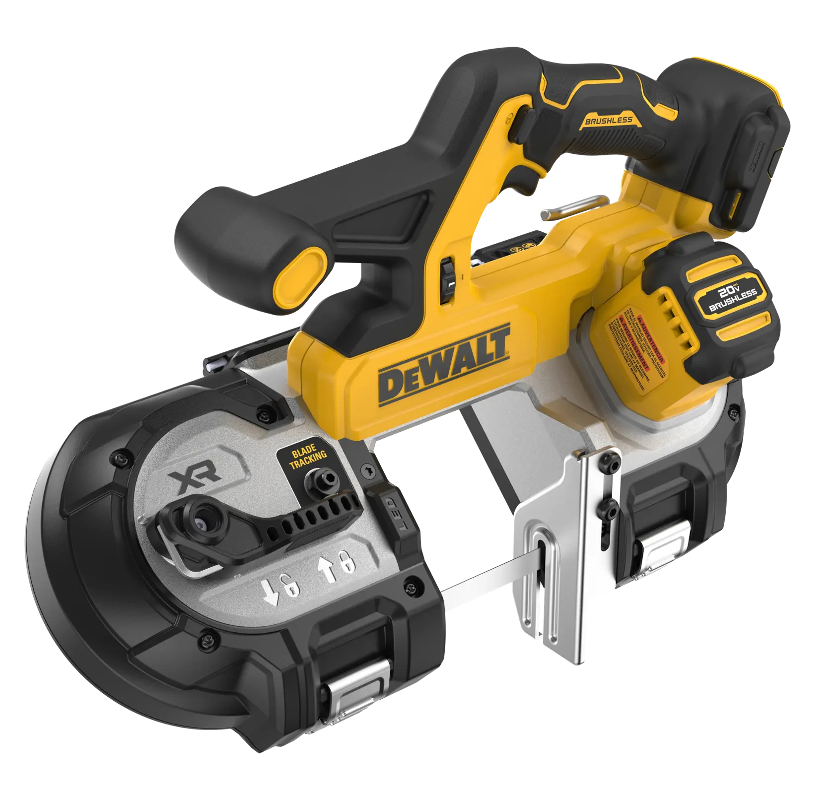 A DEWALT 20V XR cordless portable band saw with ergonomic black and yellow handle, brushless motor, and blade tracking adjustment feature.