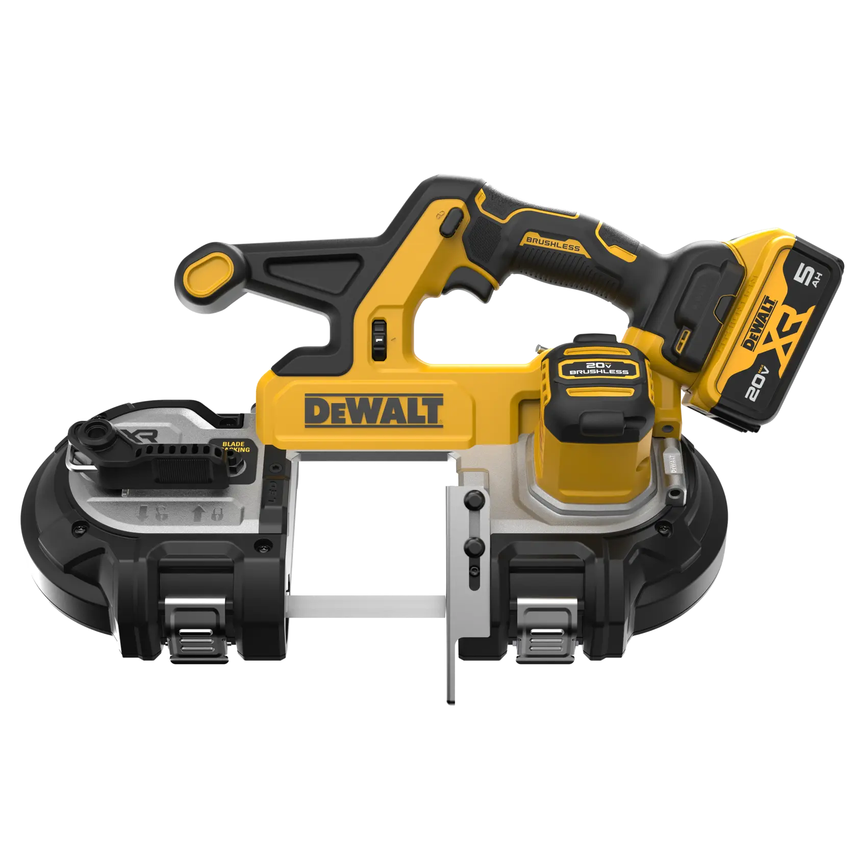 A DEWALT 20V cordless portable band saw with a yellow and black rugged design, featuring a 5.0Ah battery attached. The tool has a brushless motor and is built for heavy-duty cutting tasks.