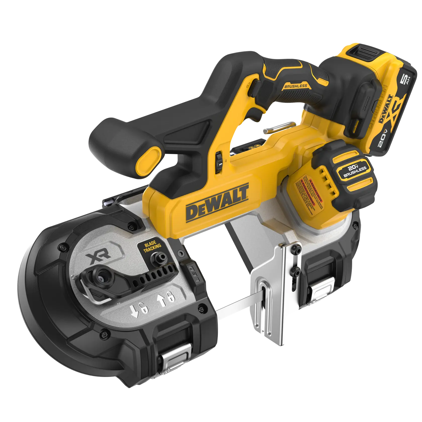 A DEWALT 20V XR cordless band saw with brushless motor, featuring yellow and black casing and ergonomic handle.