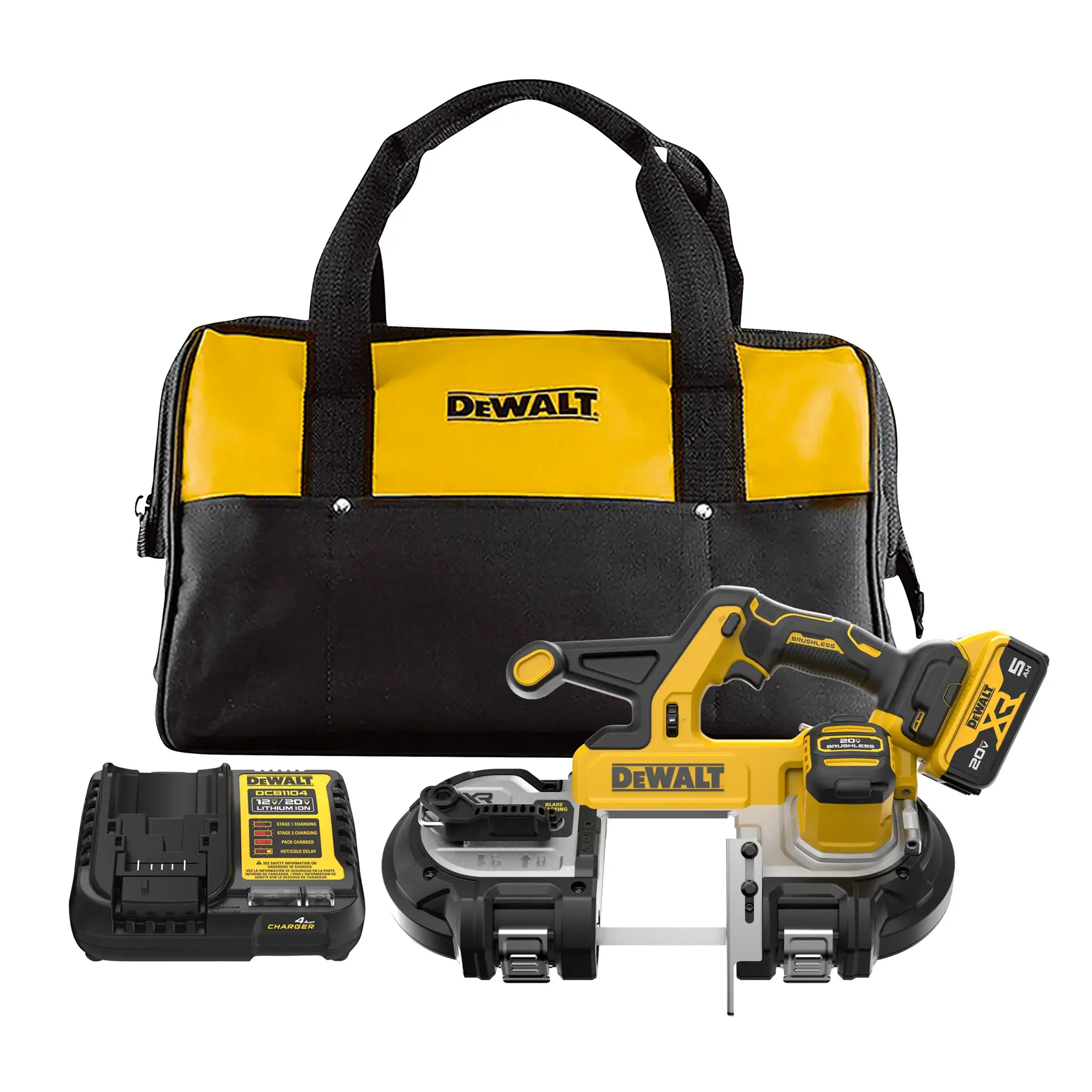 DEWALT portable band saw kit, includes a yellow and black carrying bag, a cordless band saw with battery, and a charger.