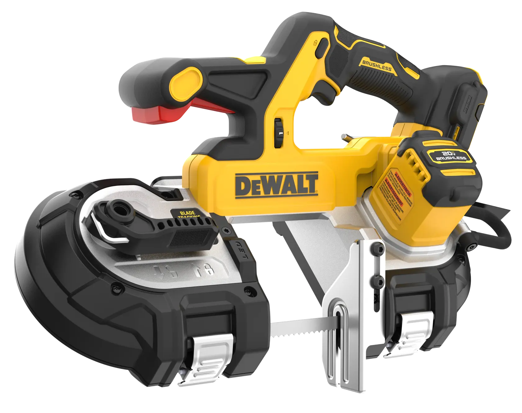 A DEWALT cordless brushless band saw with yellow and black casing, showing its handle and blade guard, placed against a white background.