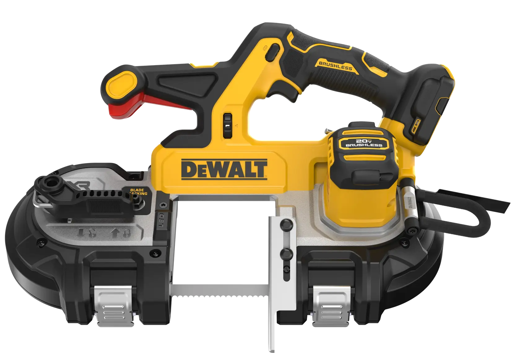 A DEWALT 20V brushless portable band saw, featuring a yellow and black design, battery-powered handle and flat cutting surface. The tool is shown from the side with visible blade, safety release, and branding.