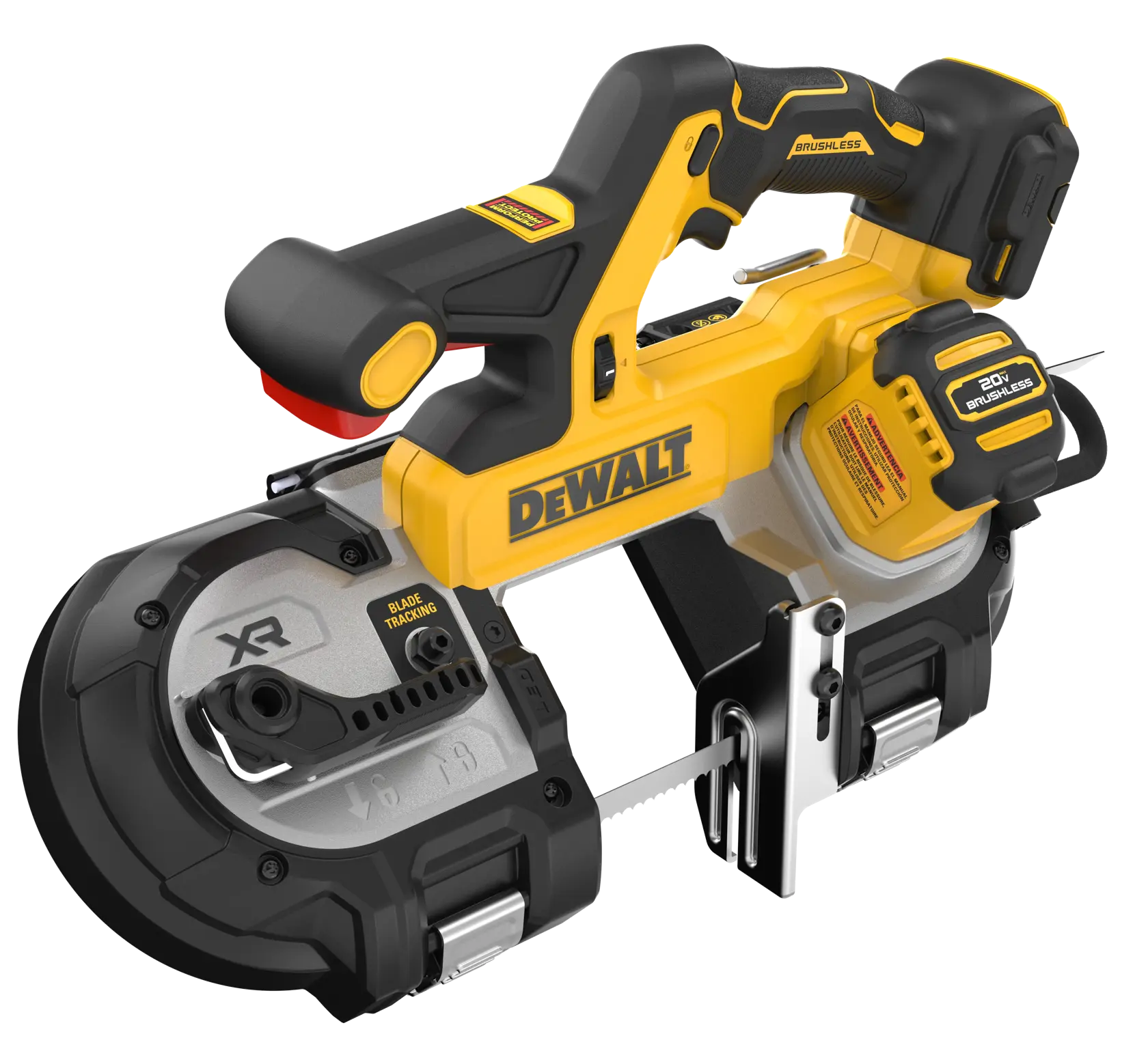 A DEWALT 20V brushless handheld band saw, featuring yellow and black casing, ergonomic handle, and XR blade tracking. The tool is used for portable metal cutting projects.