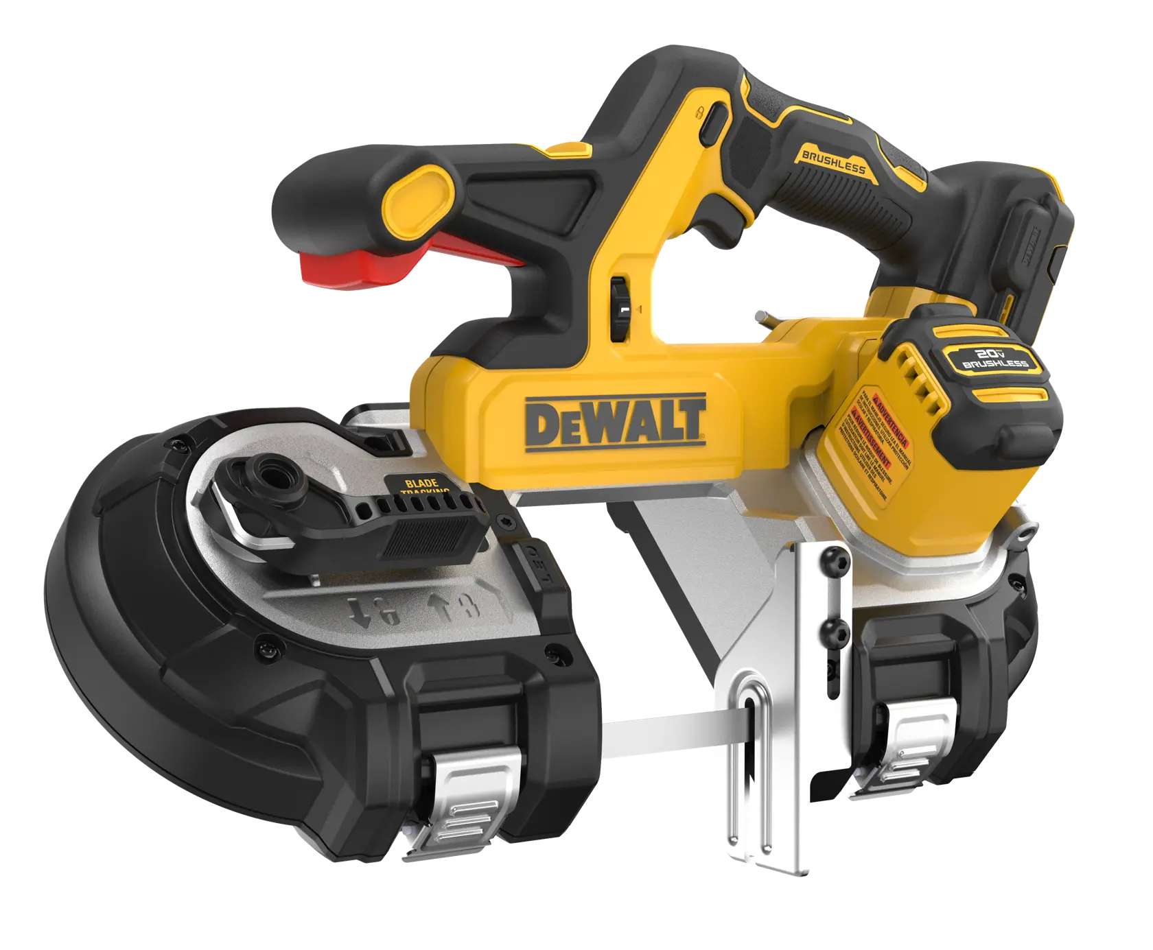 A DEWALT cordless band saw with a yellow and black design, featuring a brushless motor and ergonomic handle.