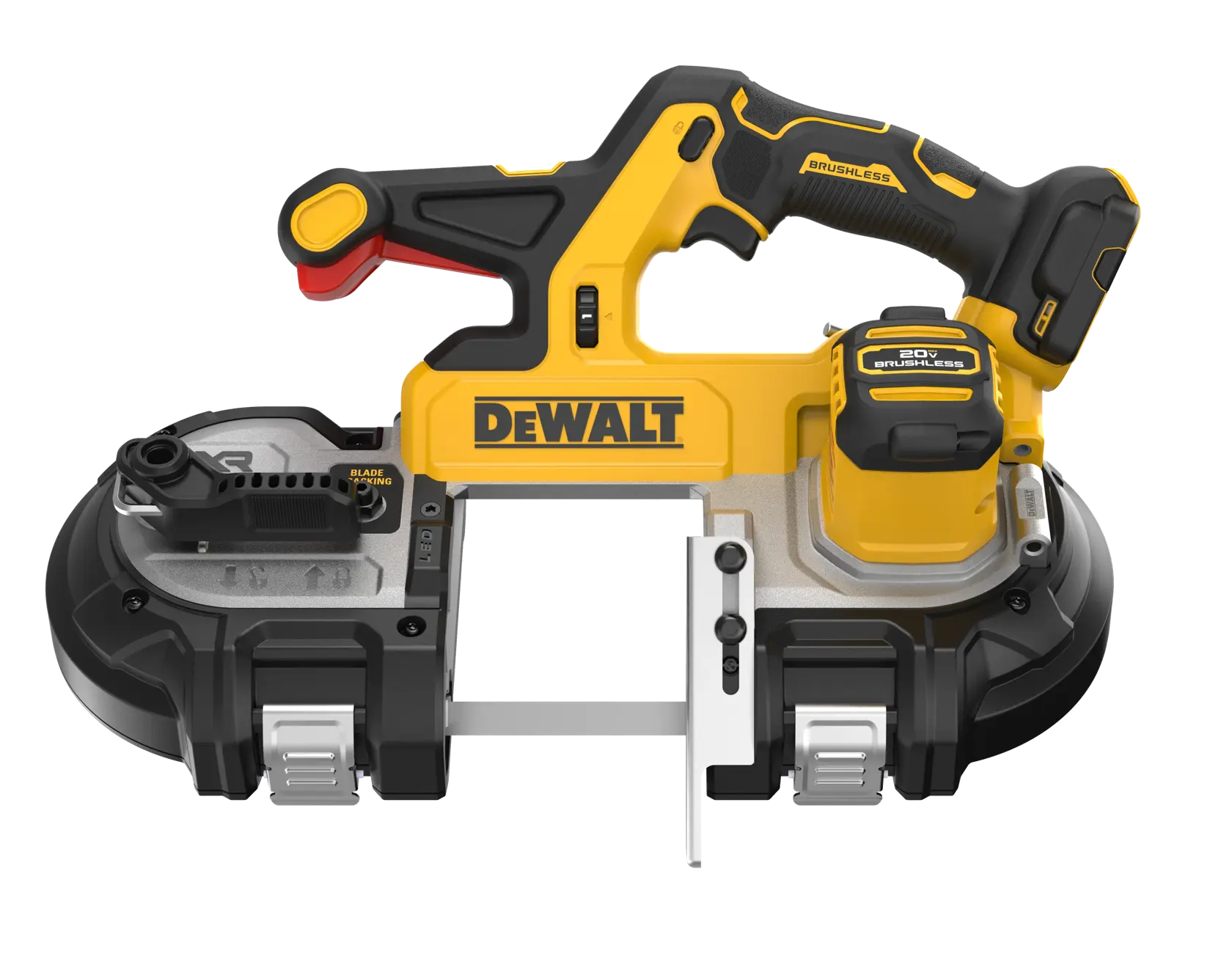 A DEWALT 20V cordless brushless band saw, model DCS379B, shown with a yellow and black design and ergonomic handle.