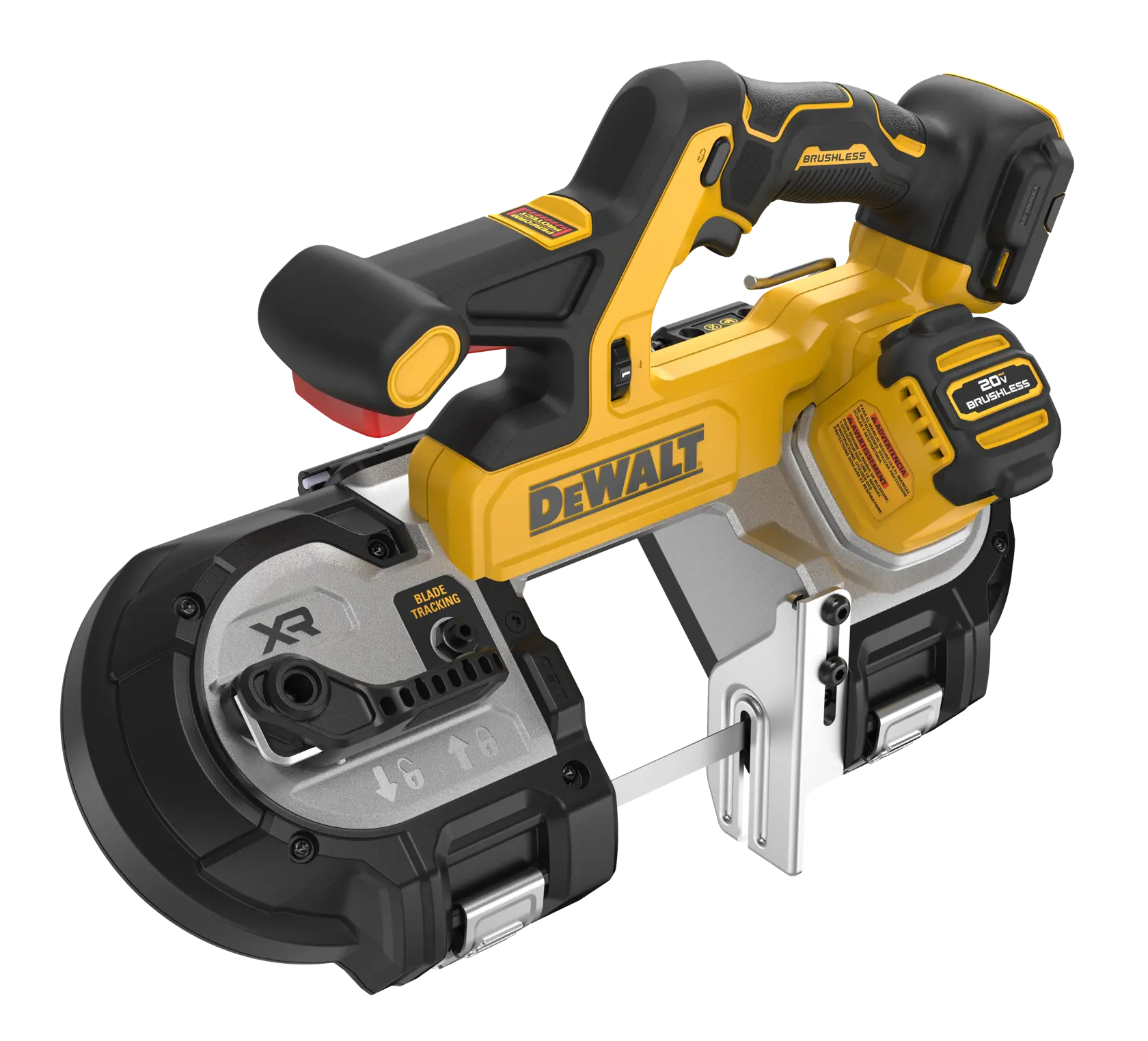 A DEWALT 20V XR brushless cordless band saw, showing its yellow and black body, ergonomic handle, and metal cutting blade. The model is DCS379B.