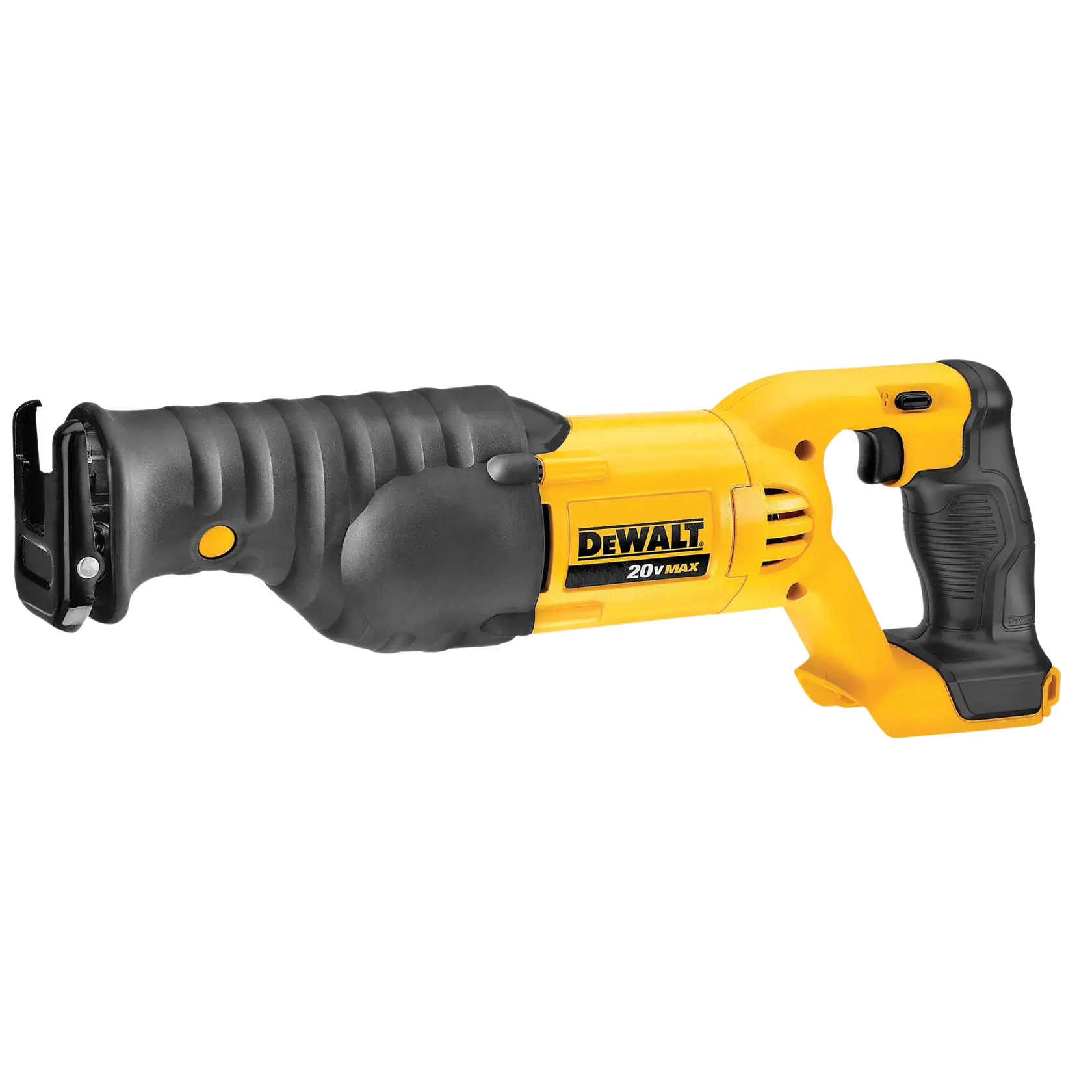 A DEWALT 20V Max cordless reciprocating saw with a yellow and black design, featuring an ergonomic handle and rugged grip.