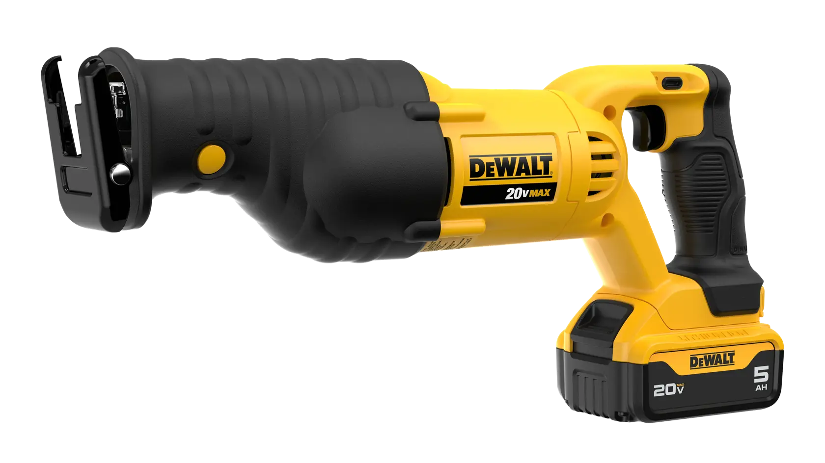 A DEWALT 20V MAX cordless reciprocating saw with a yellow and black design and a 5 Ah lithium-ion battery attached.