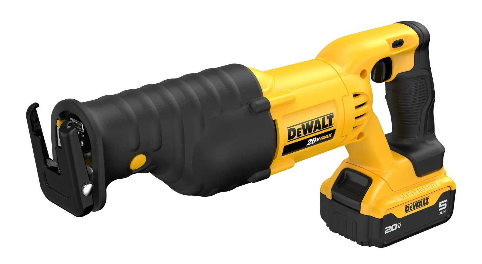 A DEWALT DCS380P1 cordless reciprocating saw with a yellow and black design, equipped with a 20V MAX lithium-ion battery. The tool is shown on a white background.