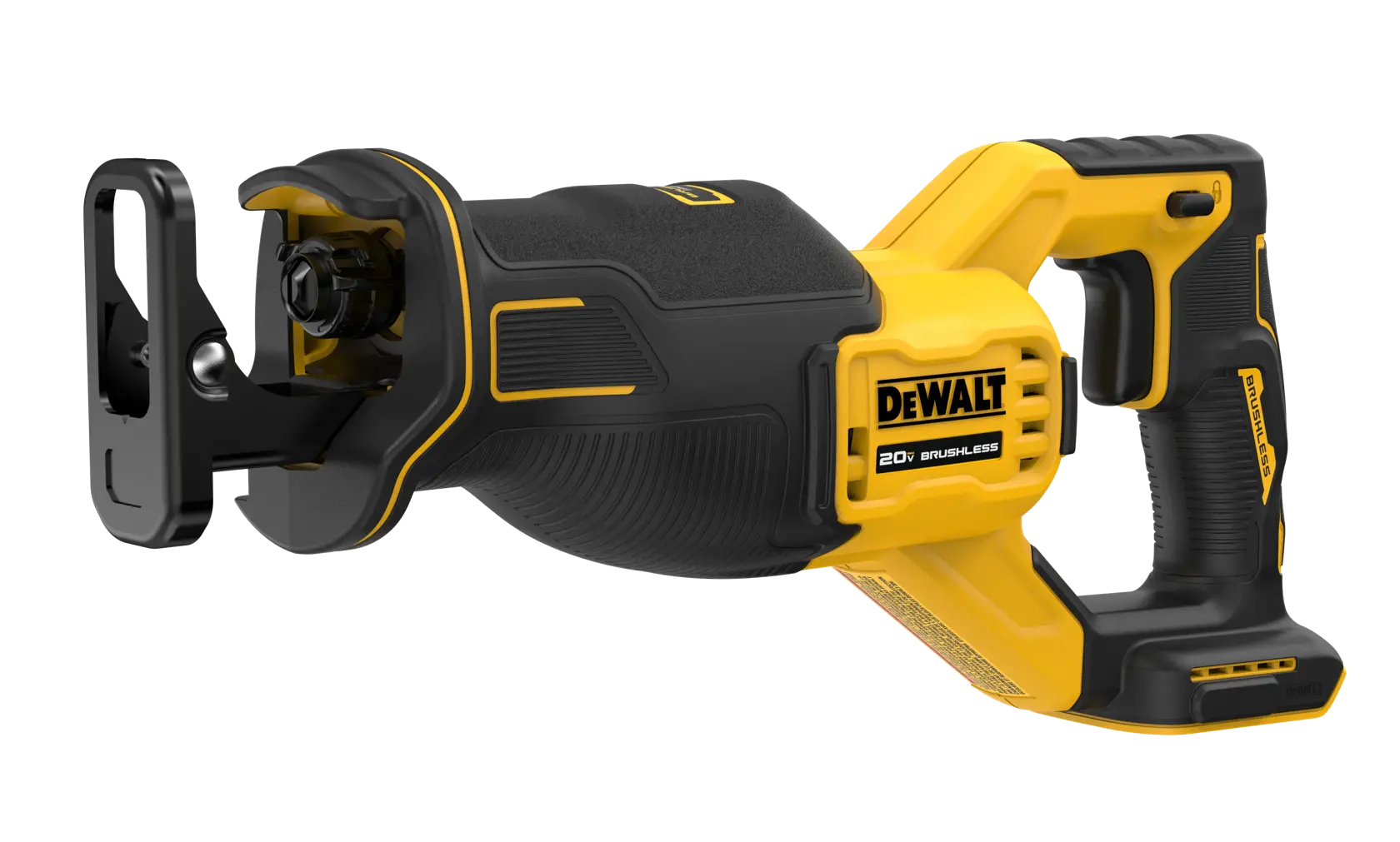 A DEWALT 20V cordless brushless reciprocating saw with a black and yellow design, shown without a blade or battery.
