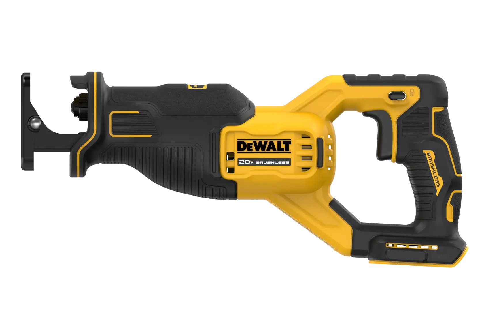 A DEWALT 20V brushless cordless reciprocating saw, featuring a yellow and black design and ergonomic handle.