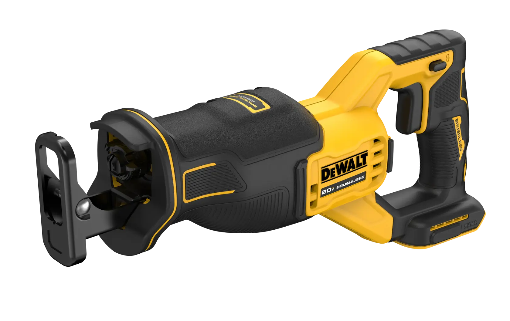 A DEWALT cordless reciprocating saw with a black and yellow design, featuring an ergonomic handle and blade guard, photographed on a white background.