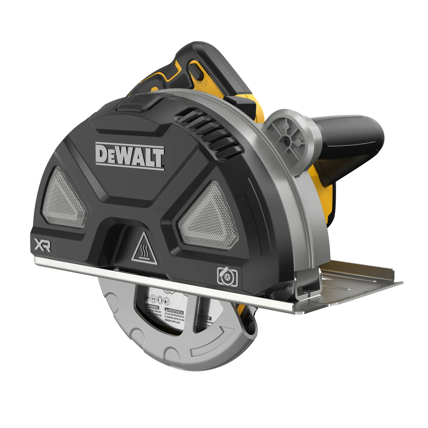 A DEWALT cordless circular saw with a black and silver protective casing, labeled XR, featuring ergonomic handles and a partially visible blade.