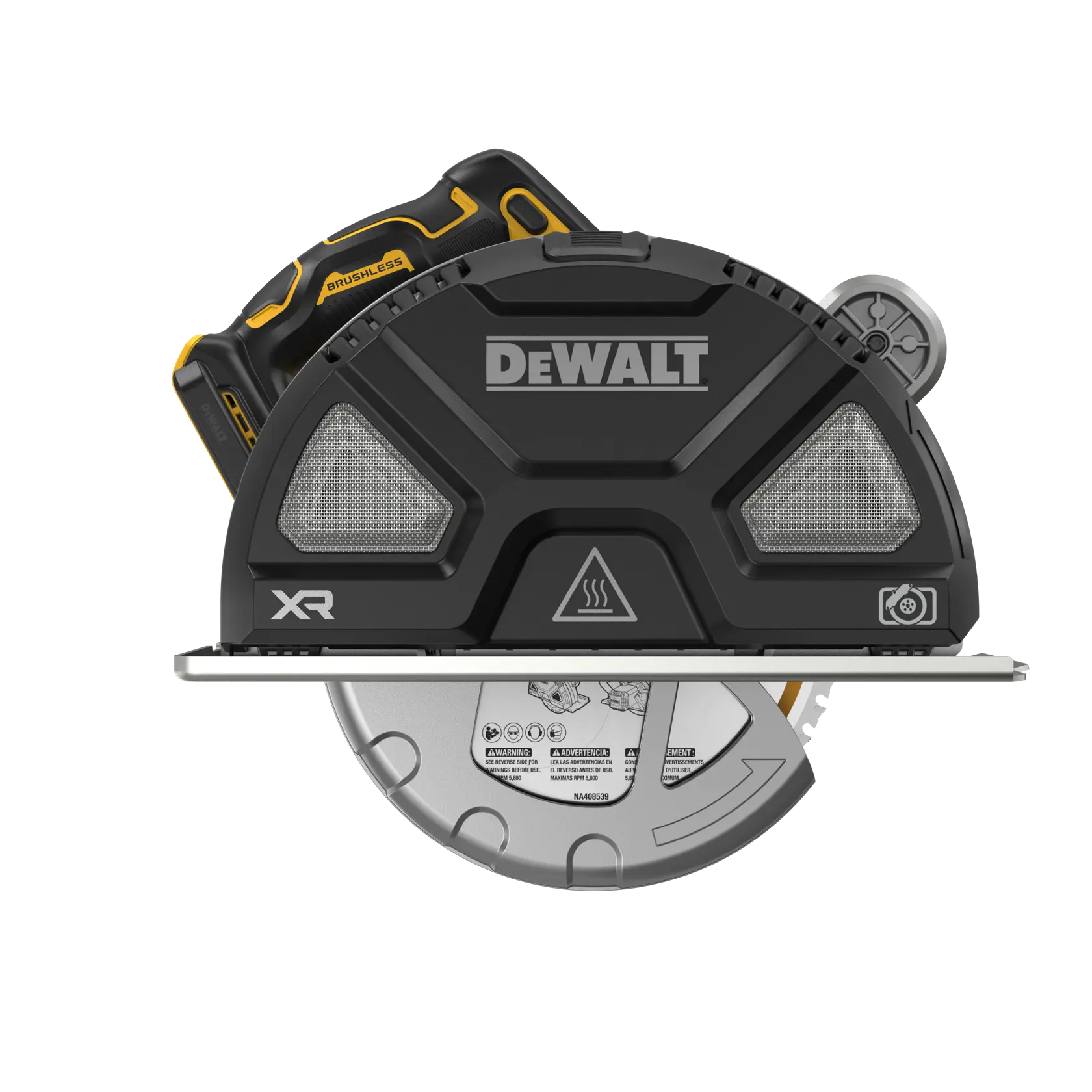 Front view of a DEWALT cordless circular saw, model DCS383B, with brushless motor and XR branding. The saw has a visible blade cover and safety warning symbols.