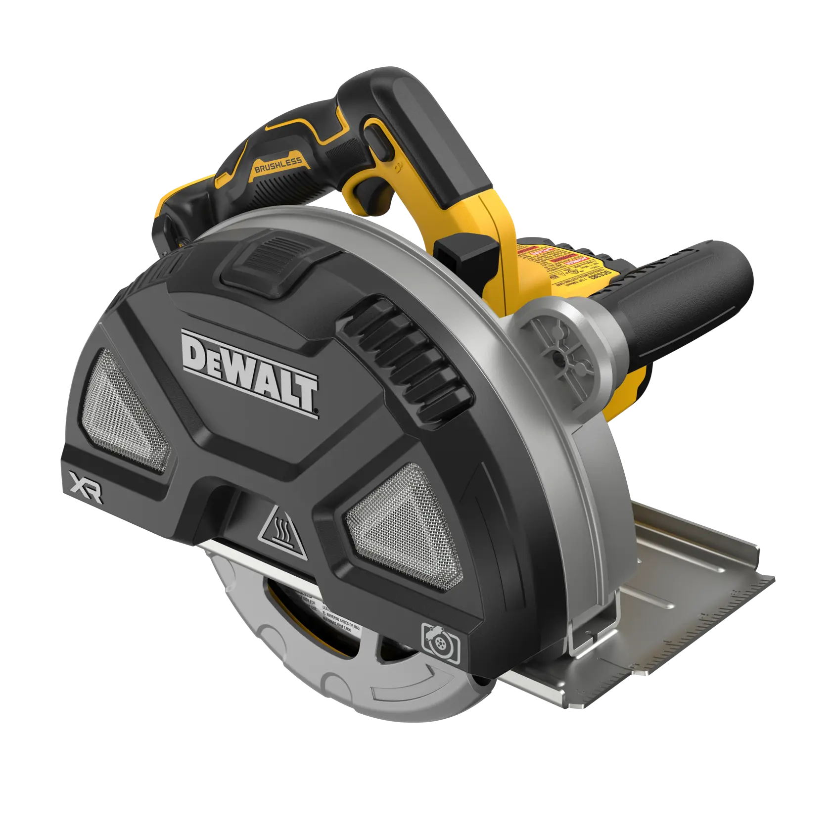 A DEWALT cordless circular saw with a black and yellow handle, a protective blade cover, and a metal base plate. The tool is branded with the DEWALT logo and features XR and Brushless labels.