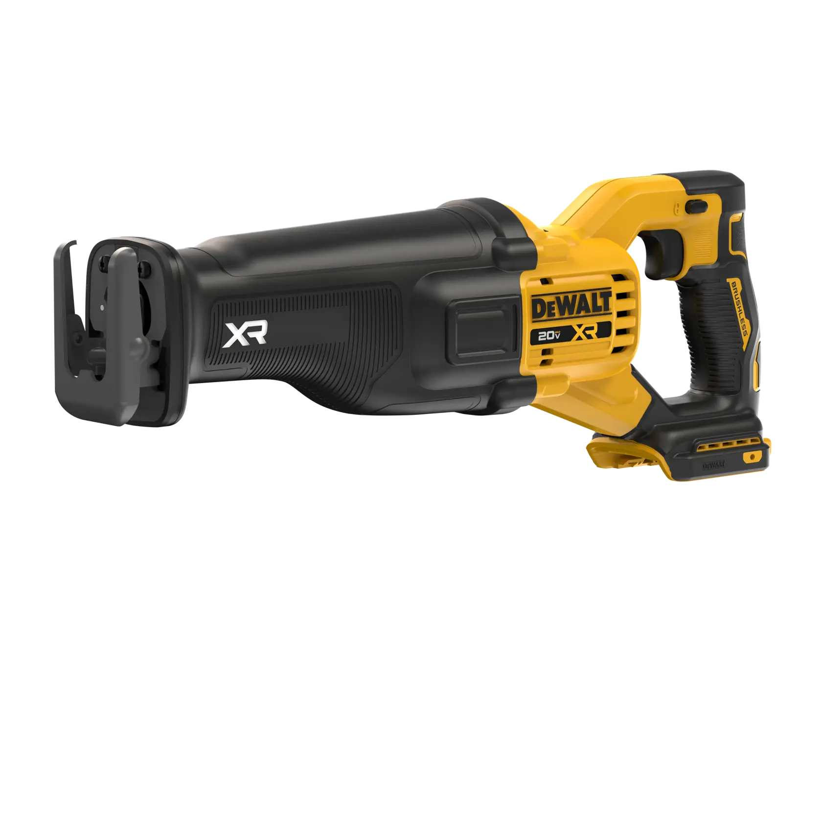A DEWALT 20V XR cordless reciprocating saw with a black and yellow ergonomic handle, shown without a battery attached.