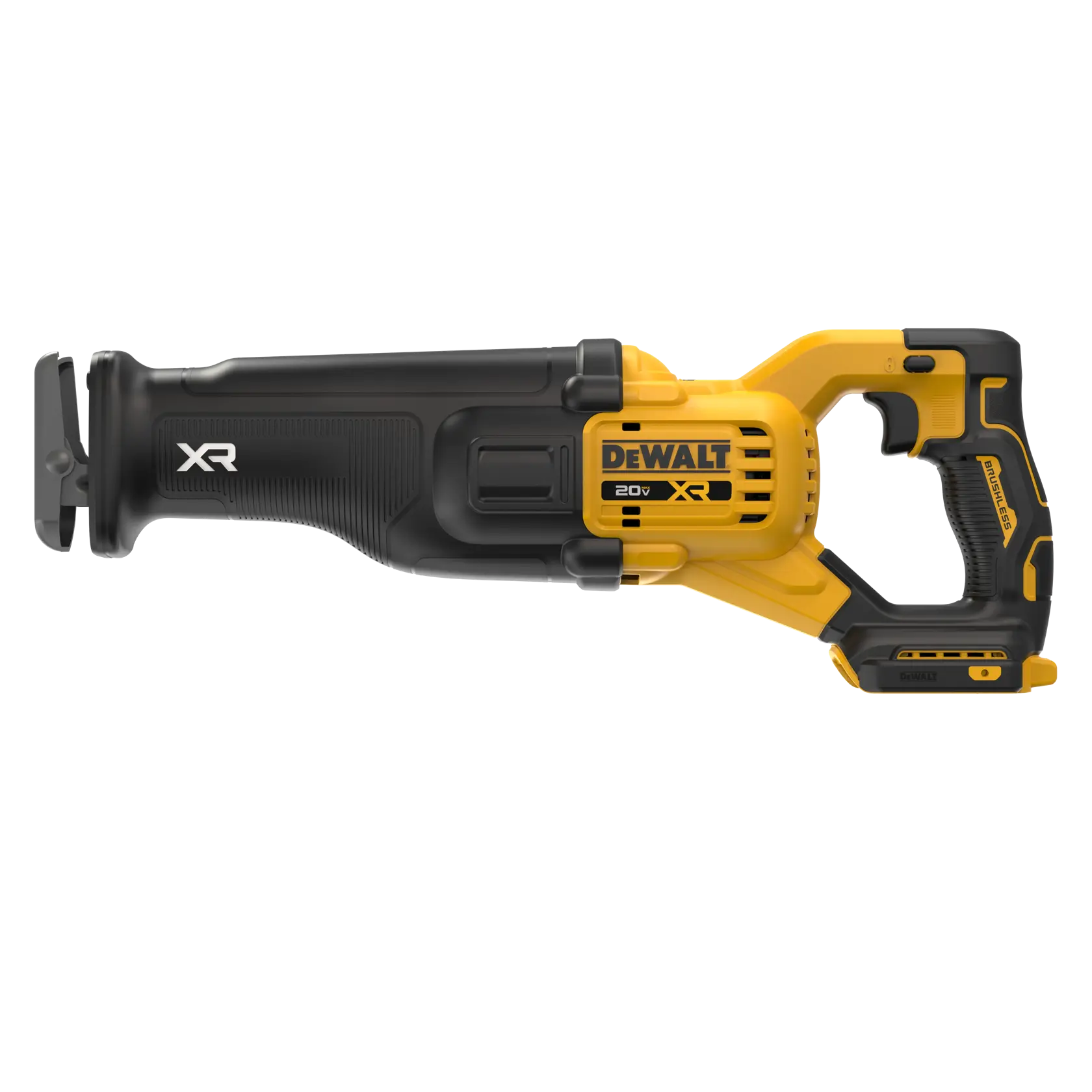 A DEWALT branded 20V XR cordless reciprocating saw, shown in black and yellow colors, with ergonomic handle and visible branding on the side.