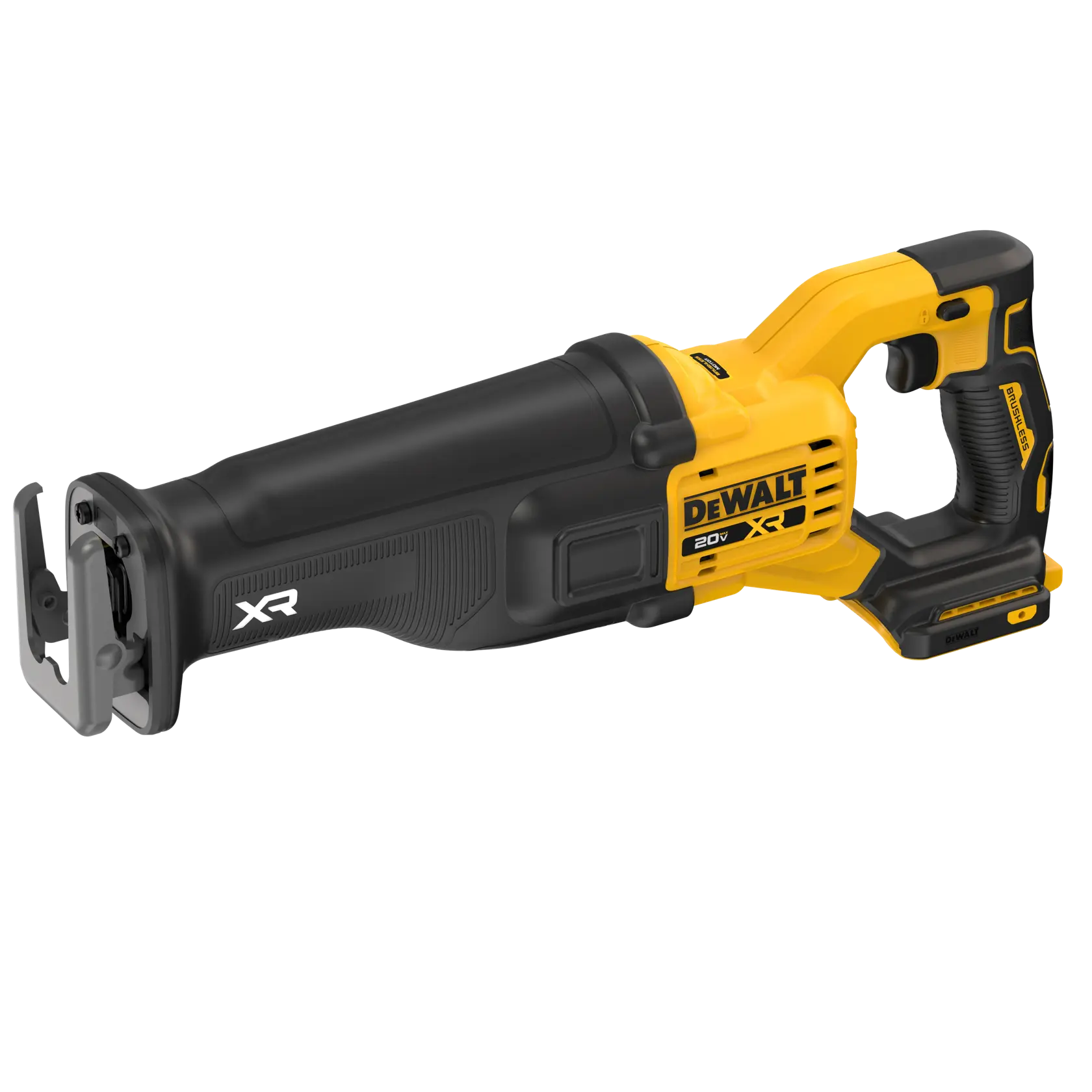 A DEWALT 20V XR cordless reciprocating saw with a black and yellow design, featuring an ergonomic handle and blade attachment.