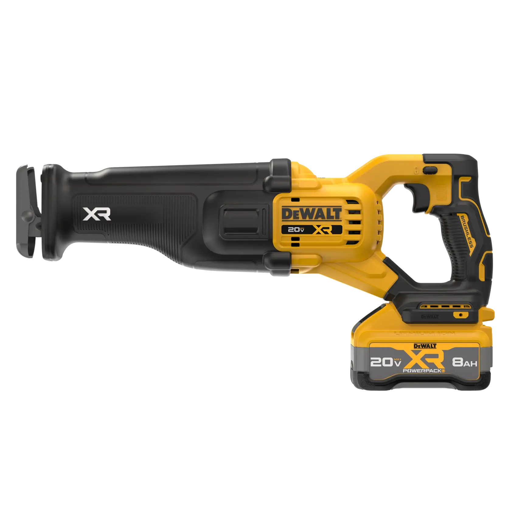 A DEWALT 20V XR cordless reciprocating saw with a yellow and black design, shown with an 8Ah XR Powerpack battery attached.