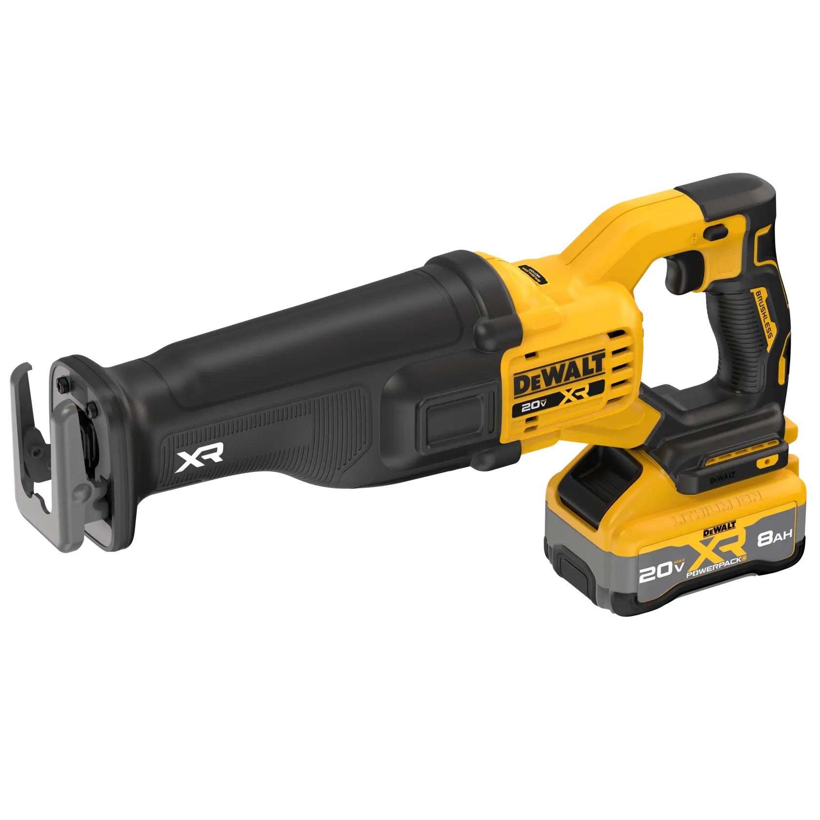 A cordless reciprocating saw from DEWALT with a yellow and black design, featuring a 20V XR lithium-ion battery pack and ergonomic handle.