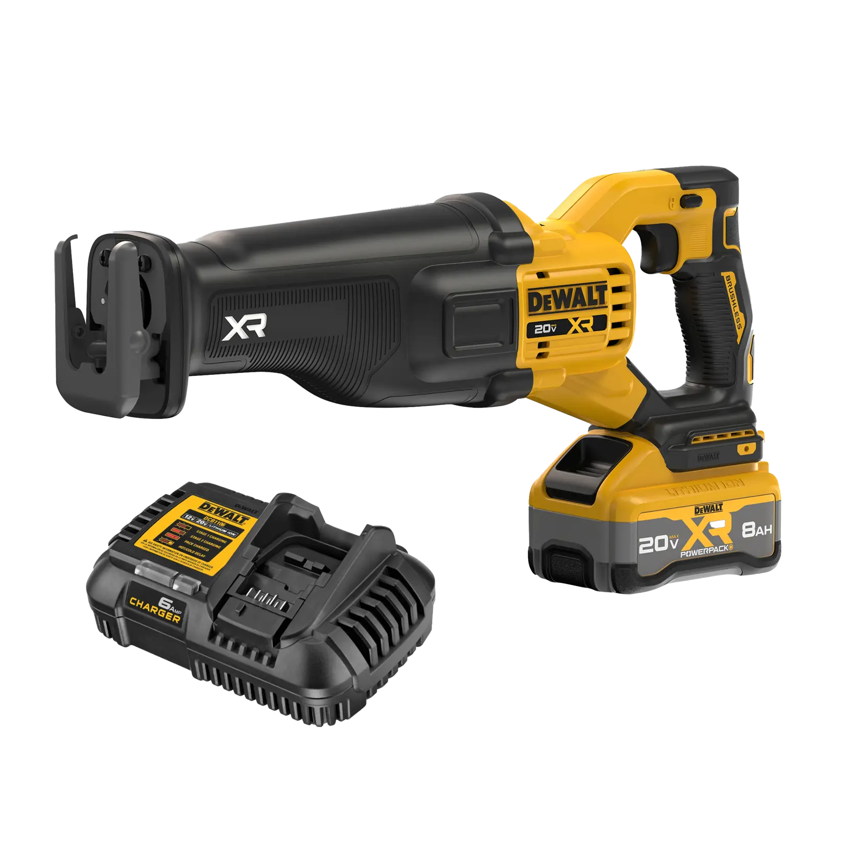 A DEWALT 20V XR cordless reciprocating saw with a yellow and black design, shown next to its battery pack and charger.