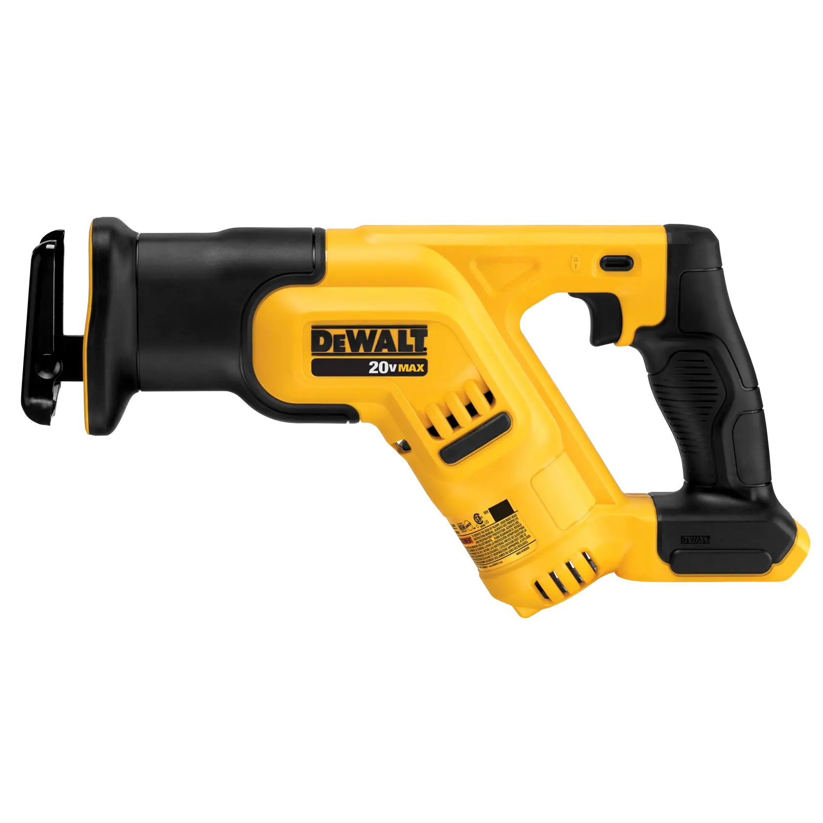 A DEWALT 20V MAX cordless reciprocating saw with a yellow and black design, shown against a white background.