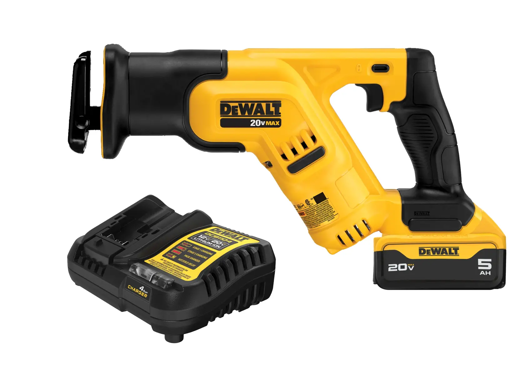 A DEWALT 20V MAX cordless reciprocating saw with battery pack and charger, model DCS387P1, displayed on a white background.