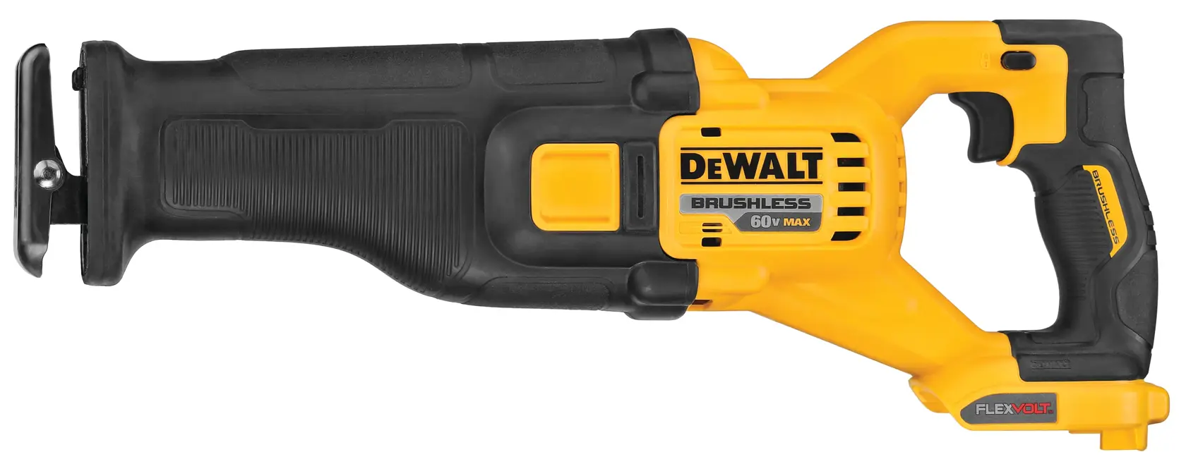 A DEWALT 60V MAX FlexVolt brushless reciprocating saw, featuring a yellow and black ergonomic design and a trigger handle.