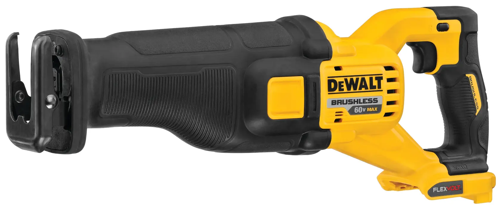 A DEWALT 60V MAX brushless reciprocating saw with a yellow and black body, featuring a FLEXVOLT battery slot.