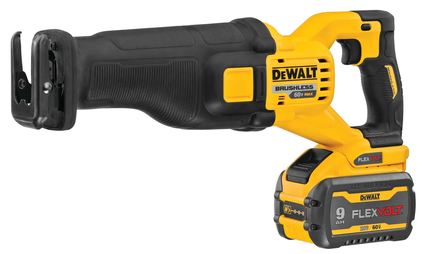 A DEWALT 60V MAX brushless cordless reciprocating saw with FLEXVOLT 9Ah lithium-ion battery, shown in yellow and black colors.