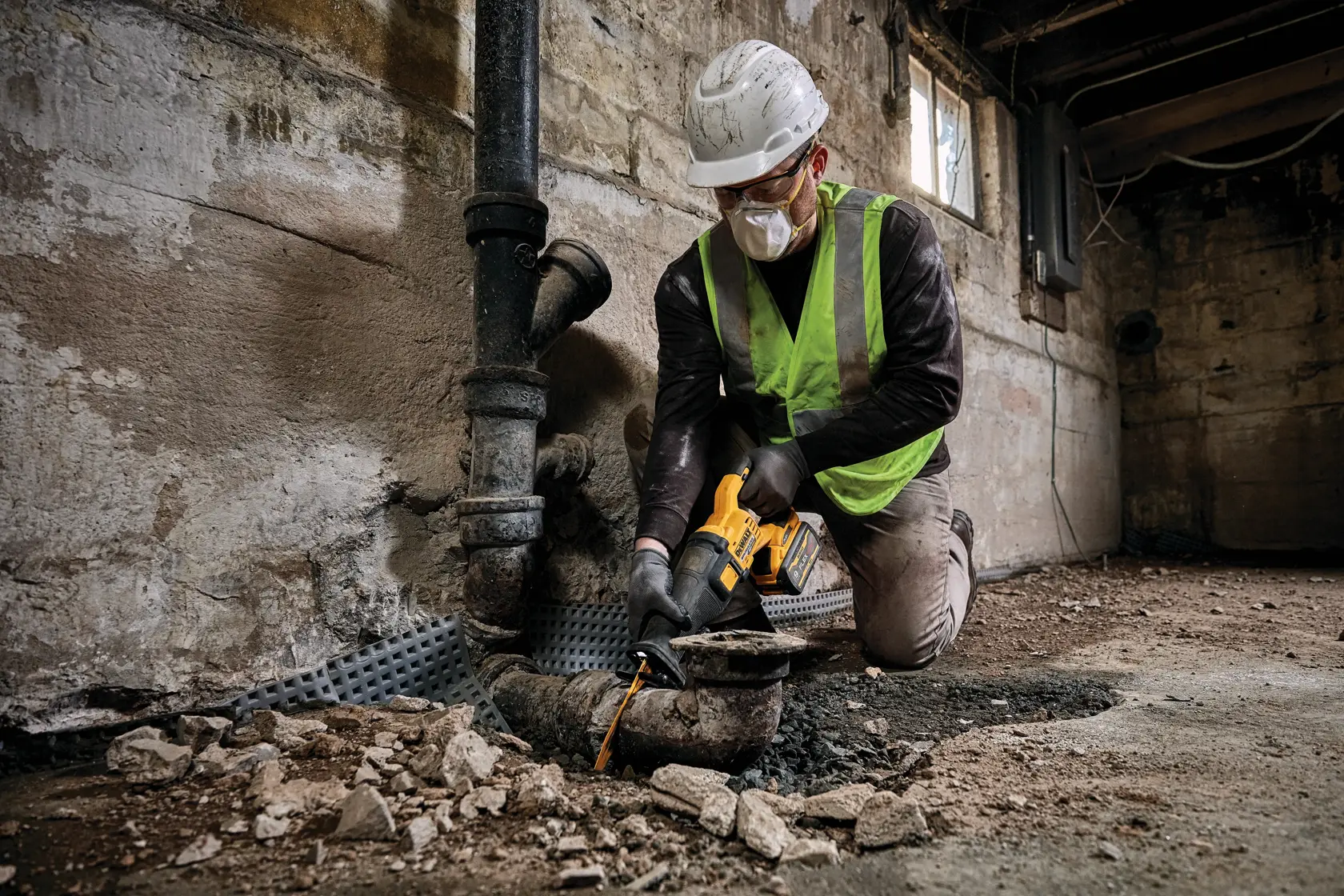 A worker wearing a white hard hat and a green safety vest is kneeling on the ground in a construction or renovation area. The worker is using a yellow DEWALT cordless reciprocating saw to cut a rusty metal pipe. Debris and broken concrete pieces are scattered around the pipe.