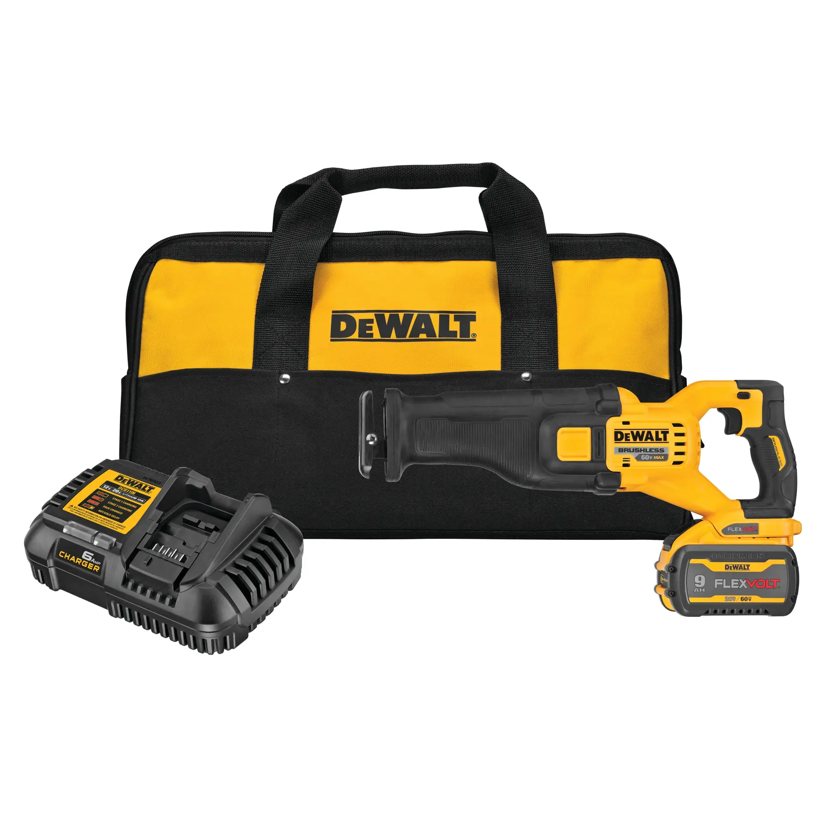 A DEWALT tool kit including a black and yellow carrying bag, a cordless reciprocating saw with a battery attached, and a battery charger.