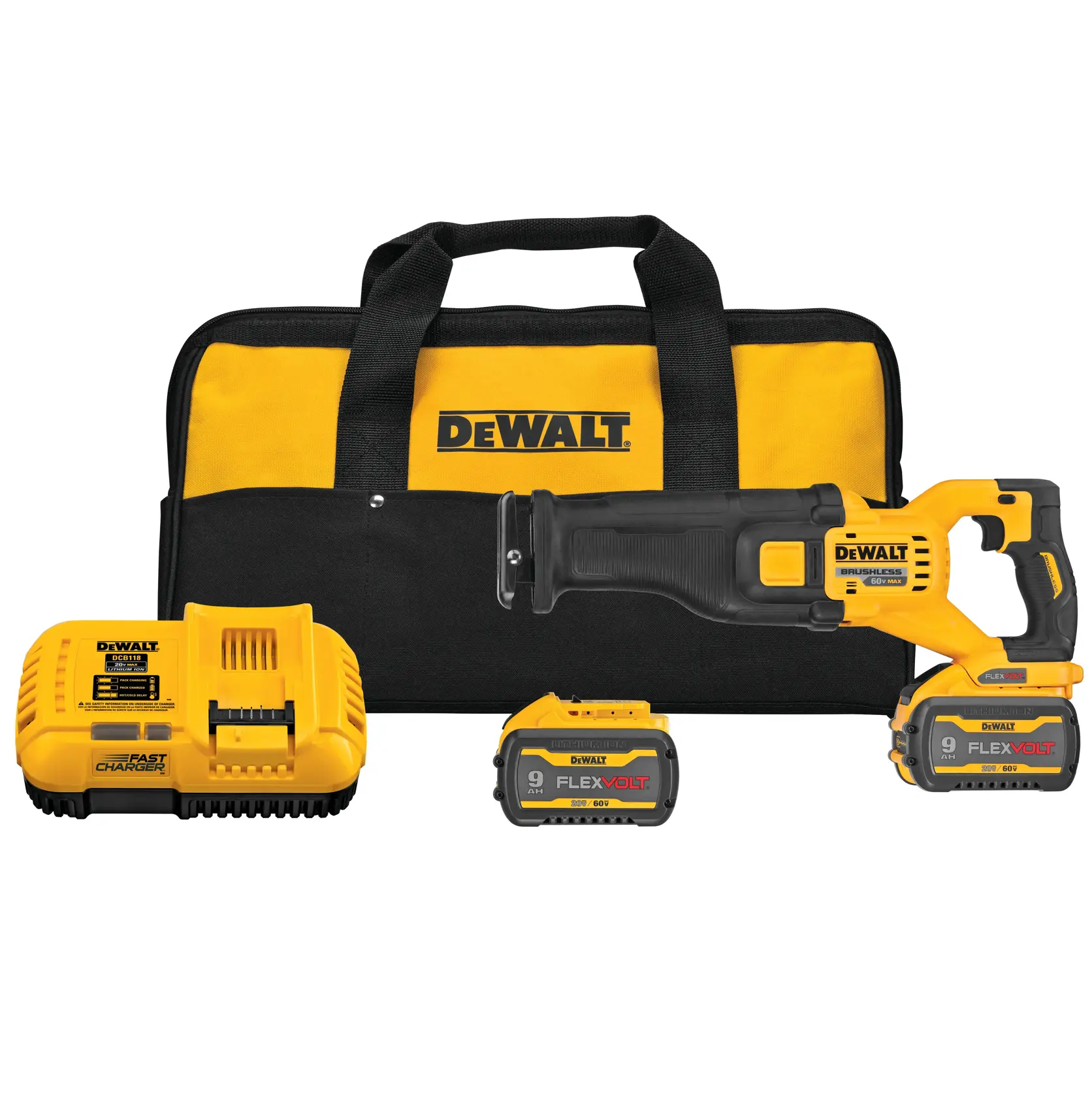 A DEWALT cordless reciprocating saw kit displayed with a yellow and black carrying bag, saw, fast charger, and two FlexVolt 9Ah batteries.