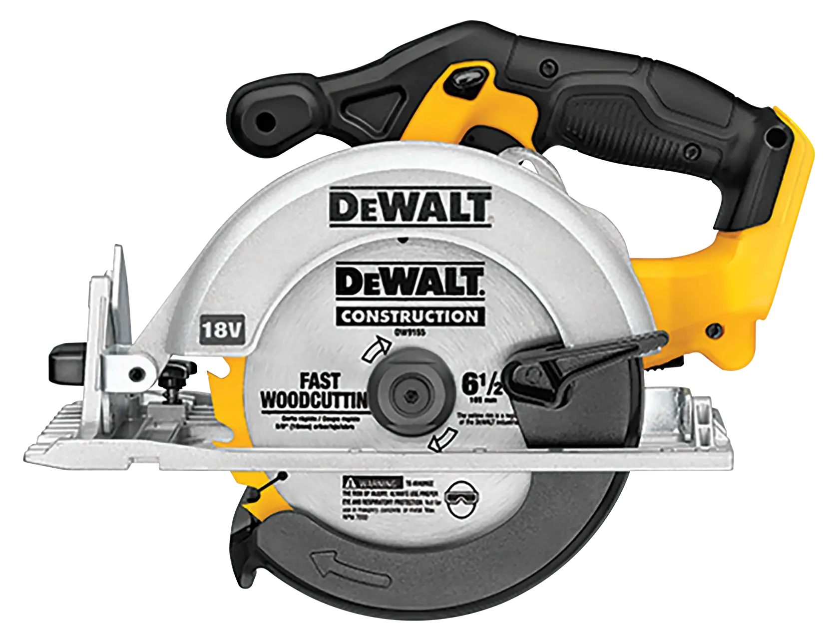 A DEWALT cordless circular saw with a yellow and black handle, featuring a silver blade cover and labeled 18V. The saw is designed for fast wood cutting and construction use.