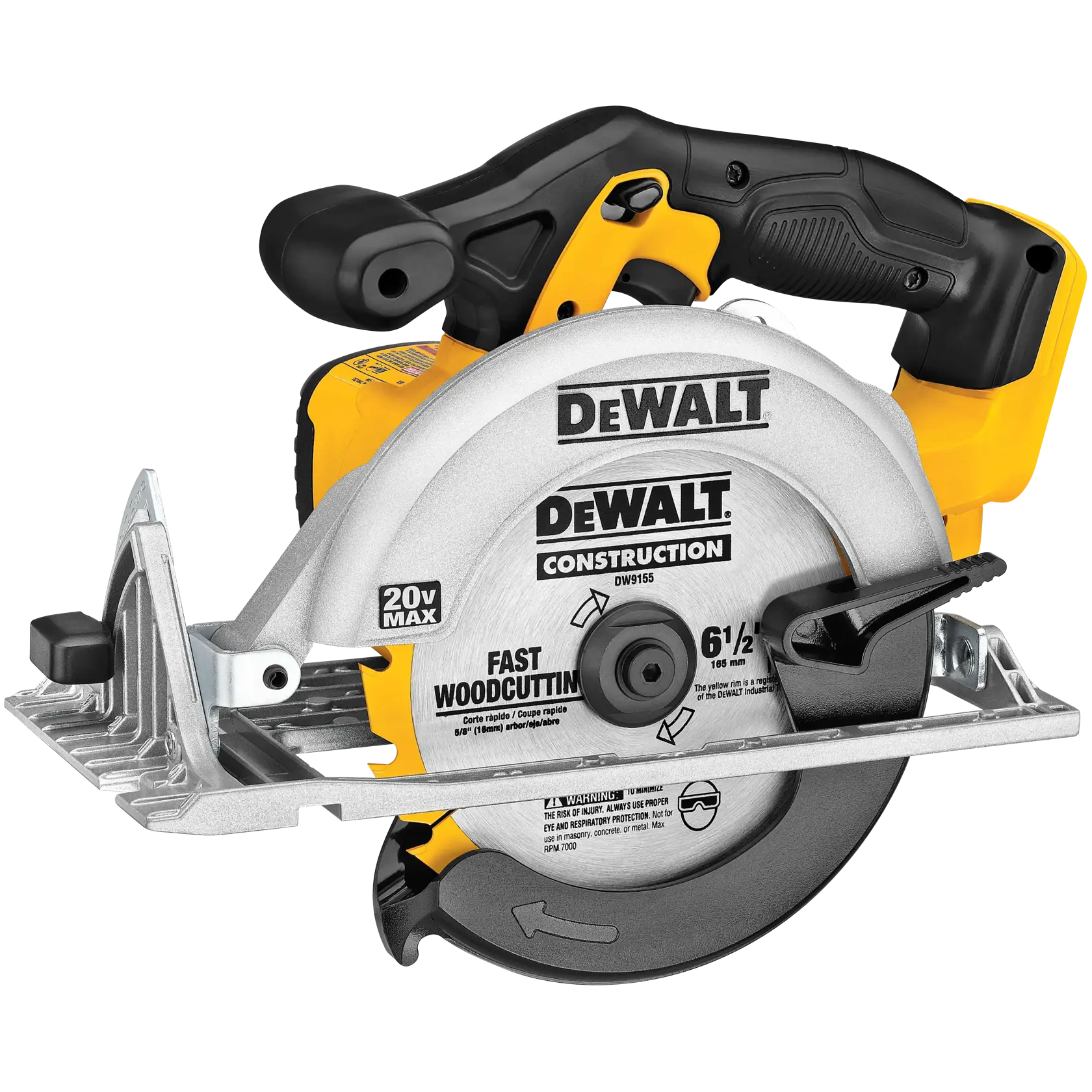 A DEWALT 20V MAX cordless circular saw with a visible blade and ergonomic handle, designed for fast wood cutting.