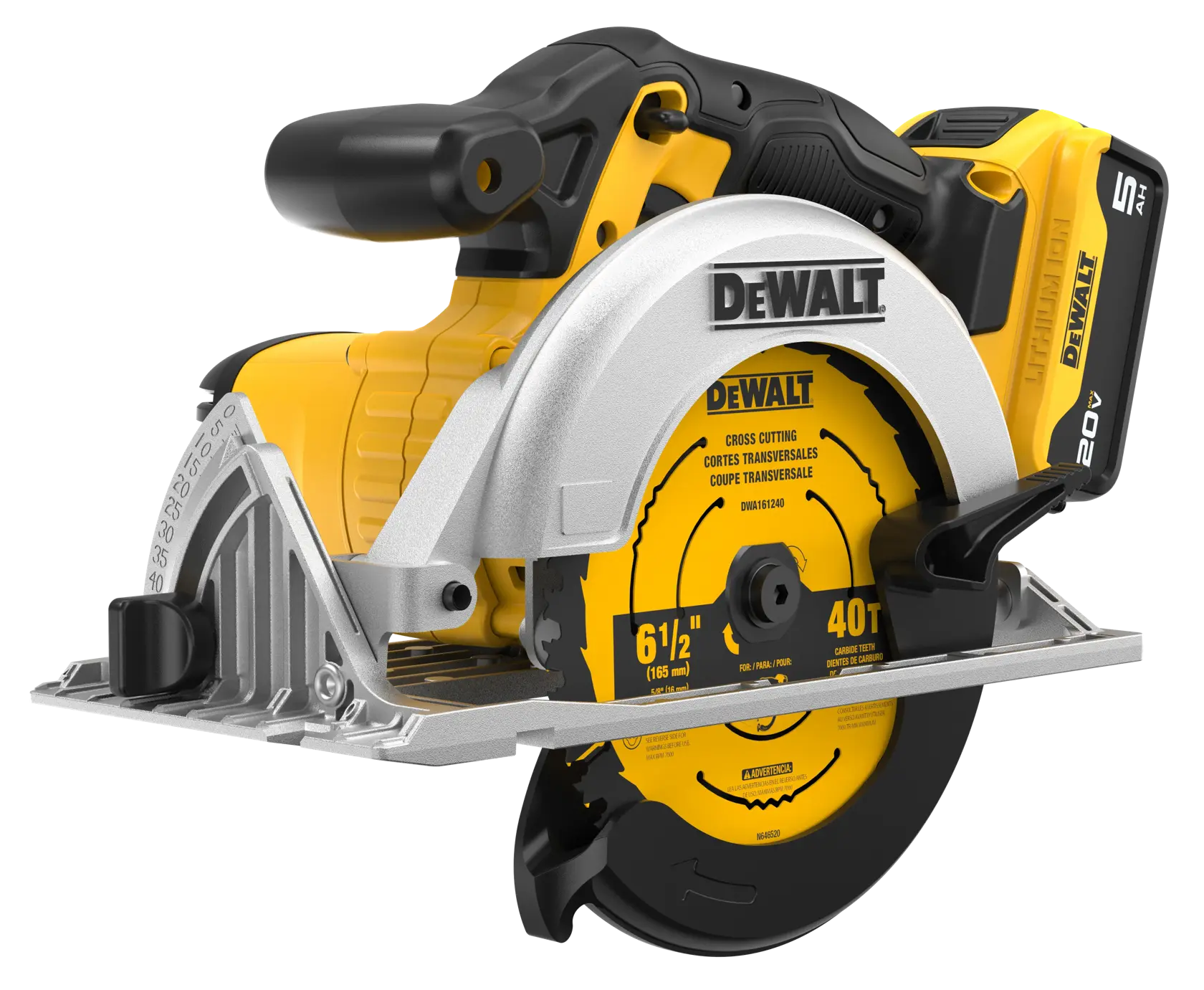 A DEWALT 20V cordless circular saw with a 6-1/2 inch (165 mm) blade and a 40 tooth carbide-tipped blade. The saw is yellow and black, with a metal guard and ergonomic handle. The battery is attached to the back of the tool.