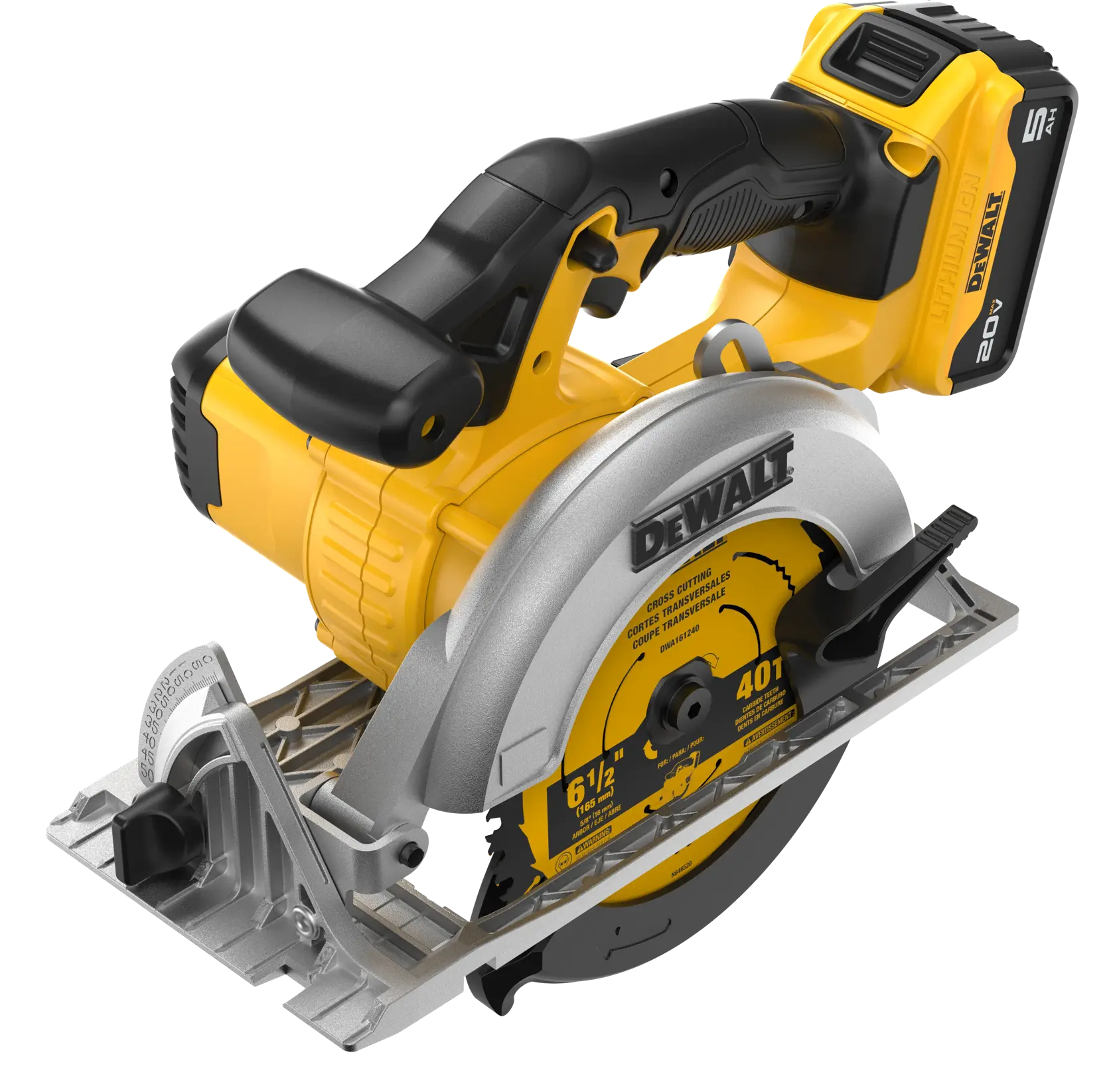 A DEWALT cordless circular saw with a yellow and black design, featuring a rechargeable battery pack attached to the handle and a metal blade guard.