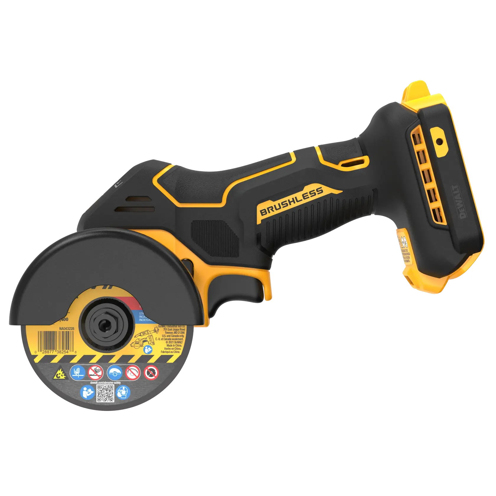 A DEWALT brand cordless brushless rotary tool, featuring a black and yellow design and a protective cover over the cutting disc.