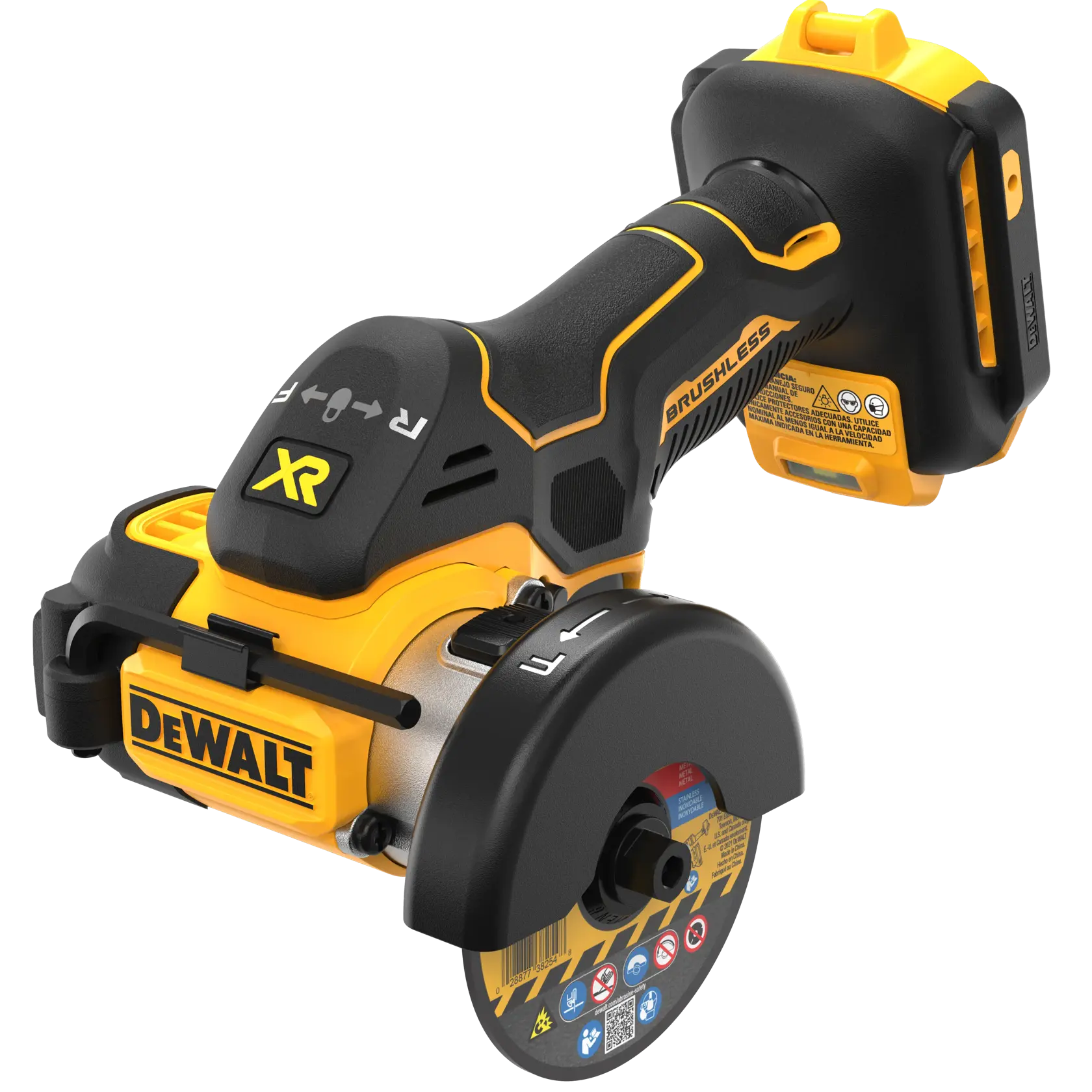 A close-up image of a DEWALT cordless brushless compact cut-off tool with a yellow and black design, featuring the DEWALT logo on the side and XR branding on the top. The tool is shown without a battery attached.