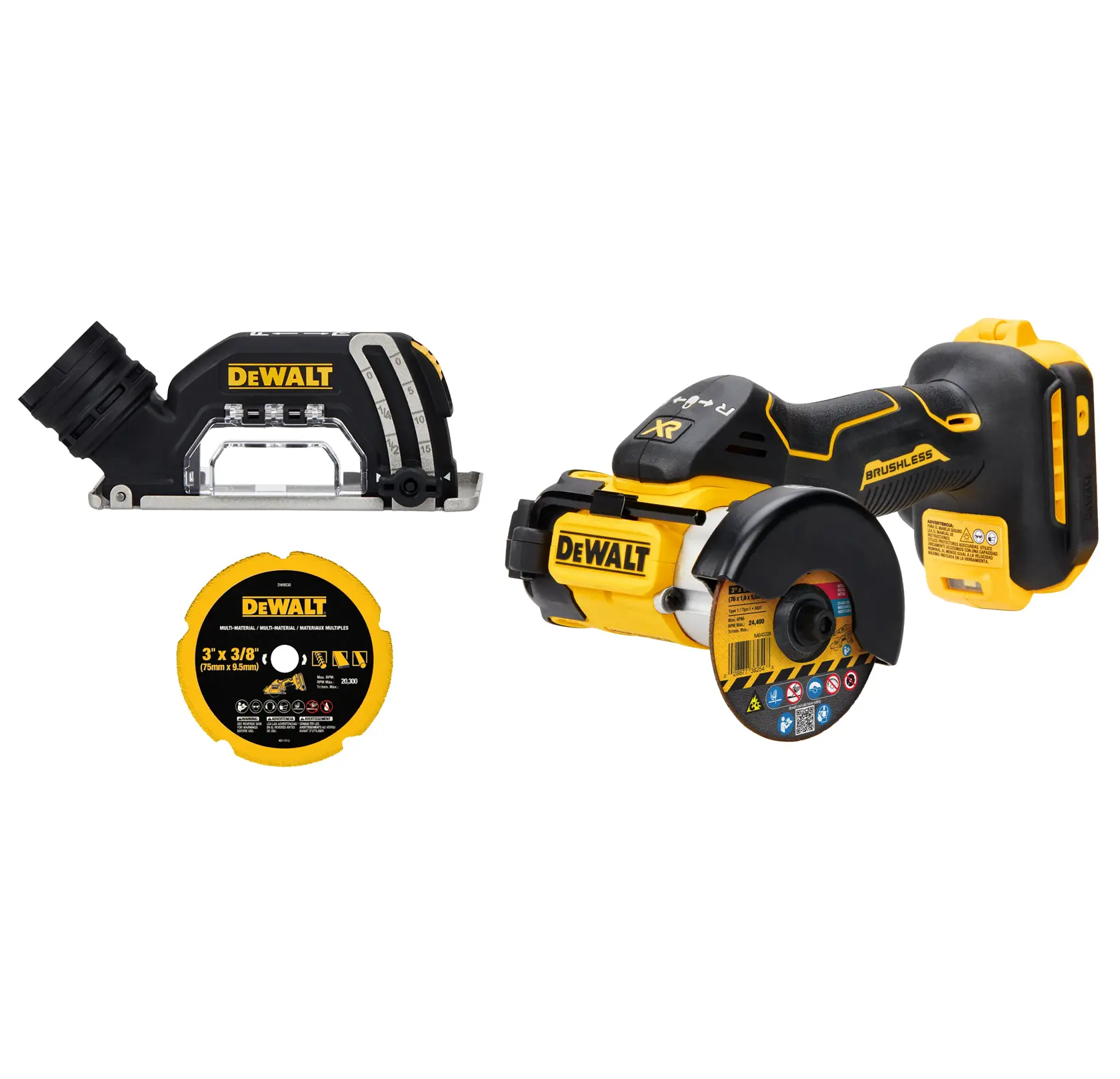 A DEWALT cordless brushless multi-material cutter tool set, which includes the main cutting tool, a dust extraction attachment, and three circular cutting blades for various materials.
